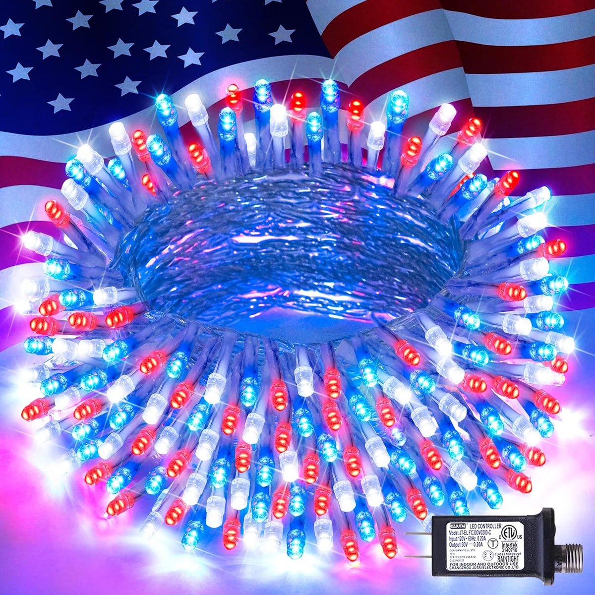 JMEXSUSS 4th of July Decorations, 33ft 100 LED Red White and Blue Lights