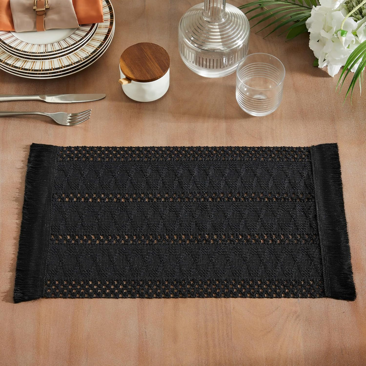 Macrame Style Boho Placemats Set of 6, Black 12x20 Inch | Decorative Farmhouse Table Mats, Natural Cotton Woven Place