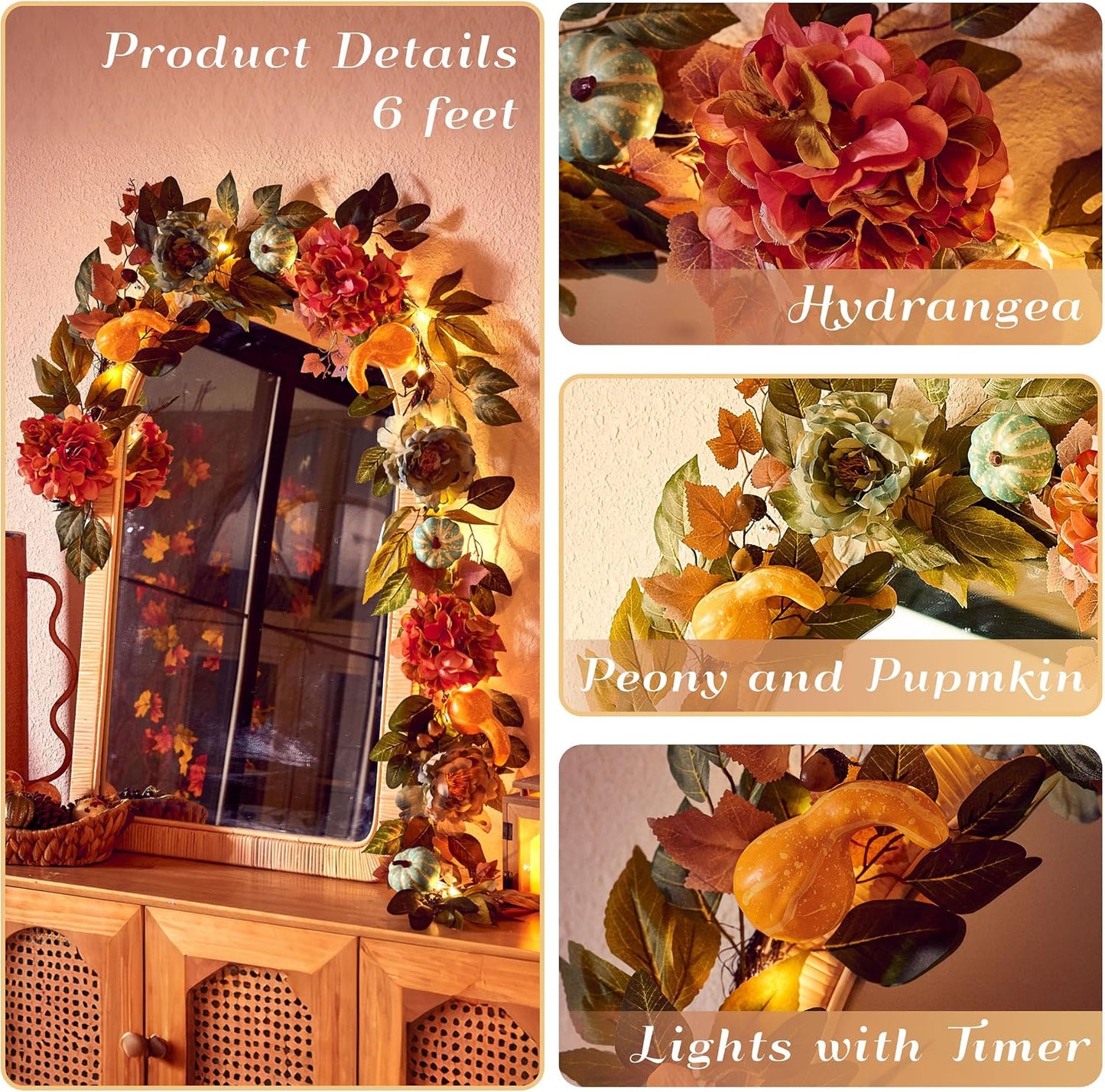 Artificial Fall Autumn Floral Garland / Orange and Blue / 6 ft