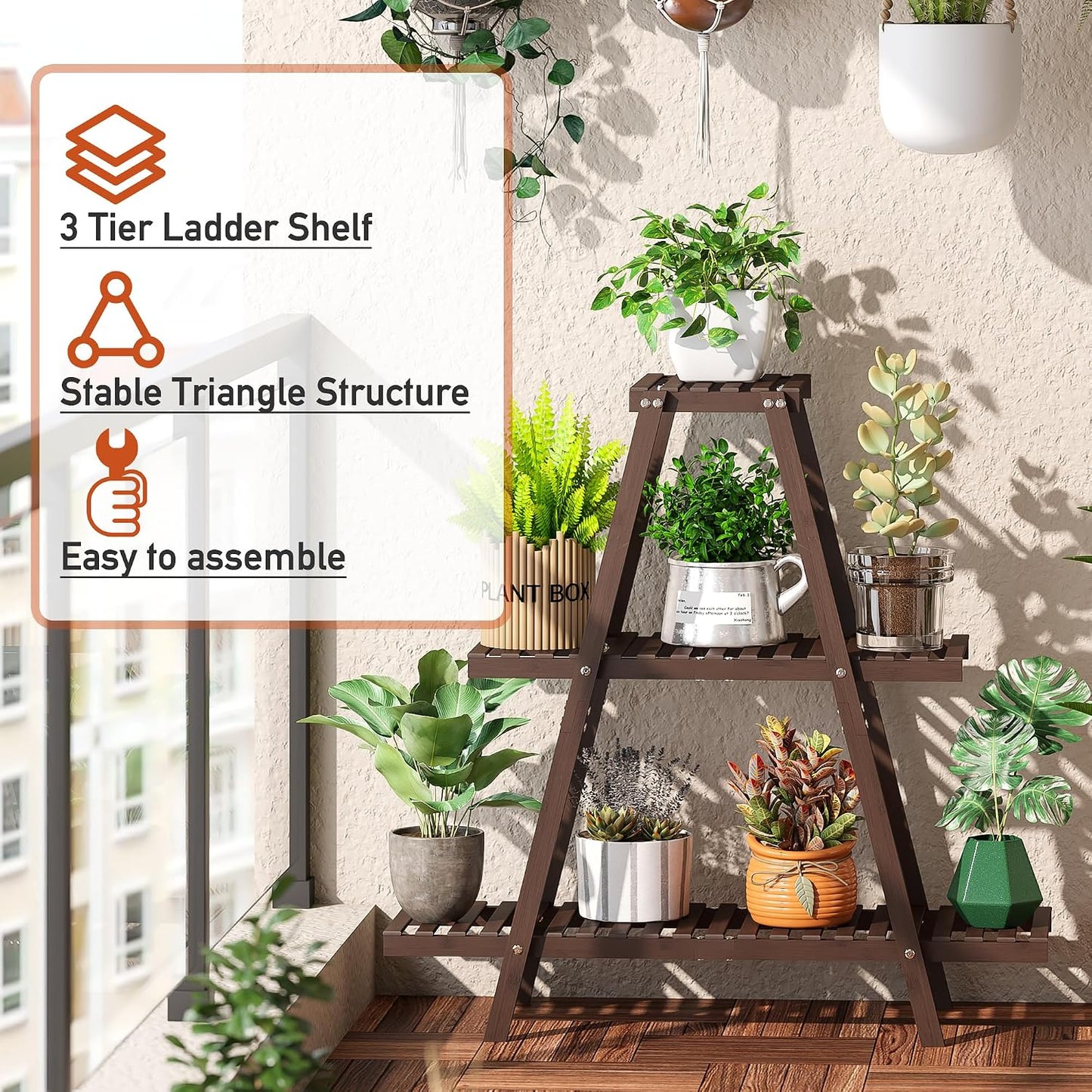 GHWIE Plant Stand Indoor Plant Shelf Outdoor bamboo Plant Rack, 3 Tiers Ladder Plant Holder Flower Stand for Living