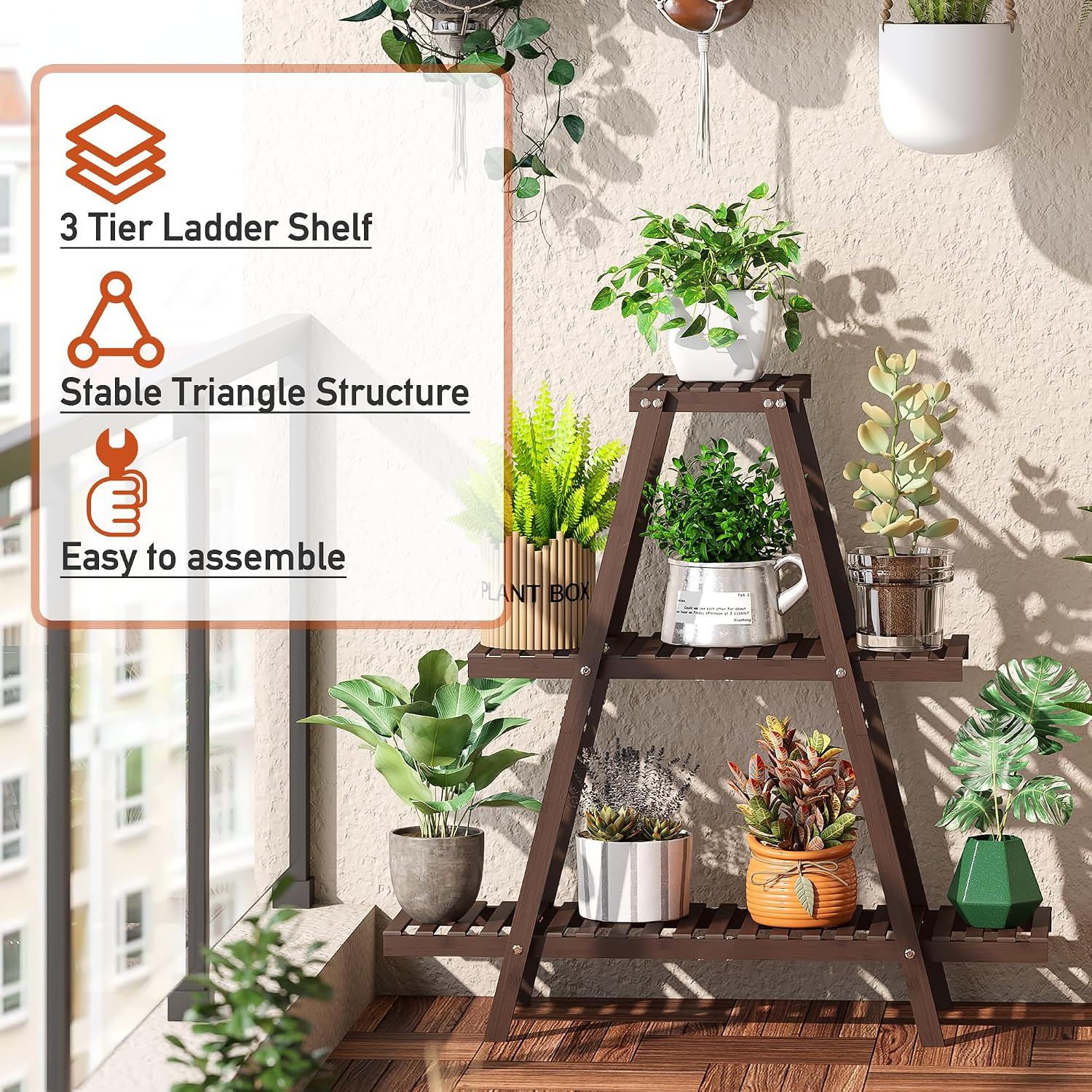 GHWIE Plant Stand Indoor Plant Shelf Outdoor bamboo Plant Rack, 3 Tiers Ladder Plant Holder Flower Stand for Living