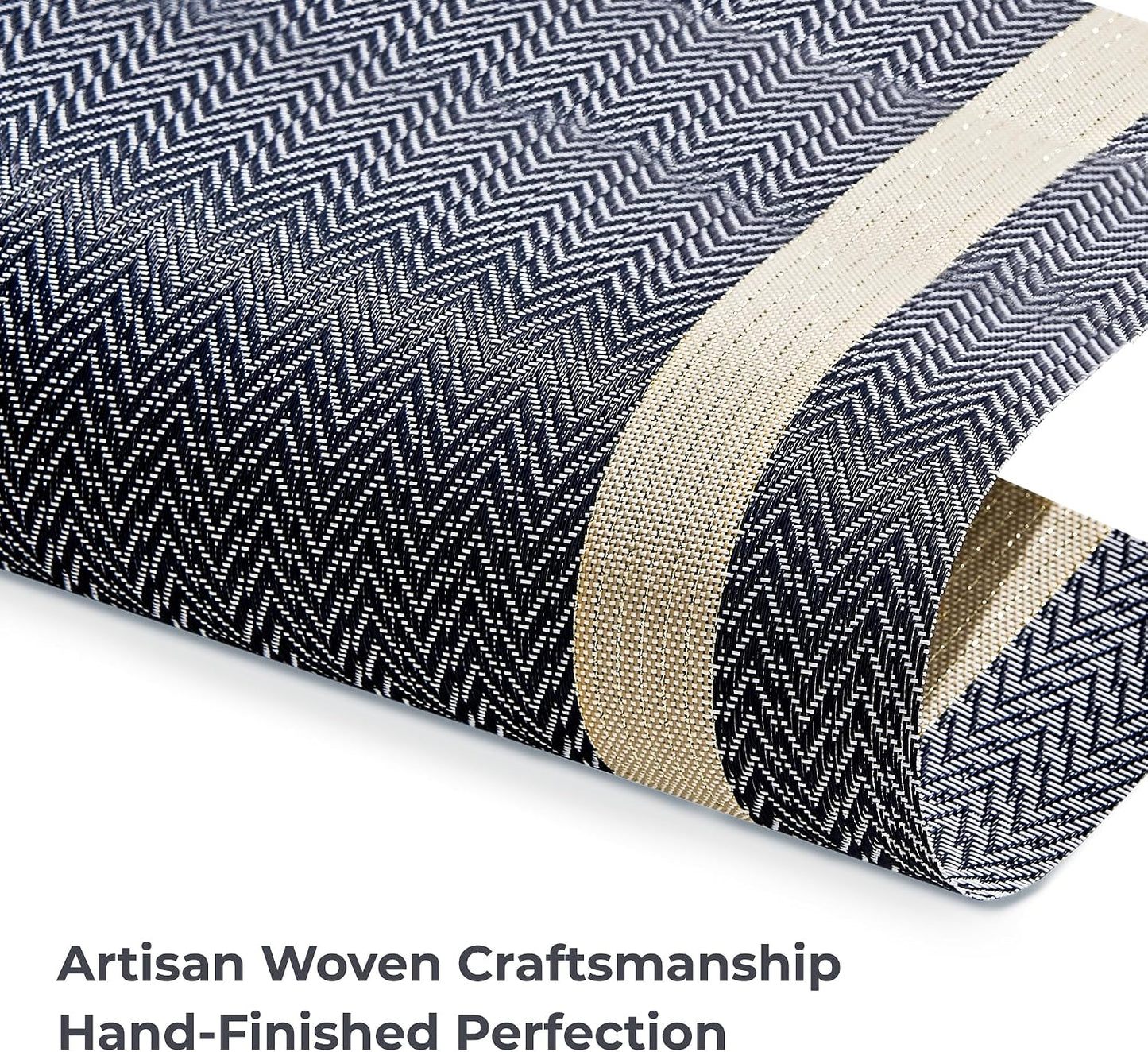 Dark Blue Vinyl Woven Placemats / 01- Blue with Stripes / Set of 8