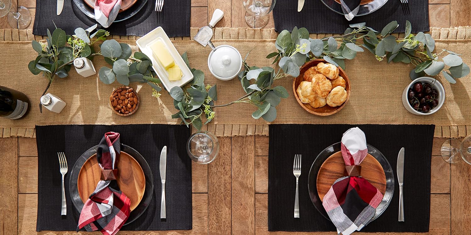 DII Basic Everyday Ribbed Tabletop 100% Cotton, Placemat Set, 13x19, Black, 6 Piece