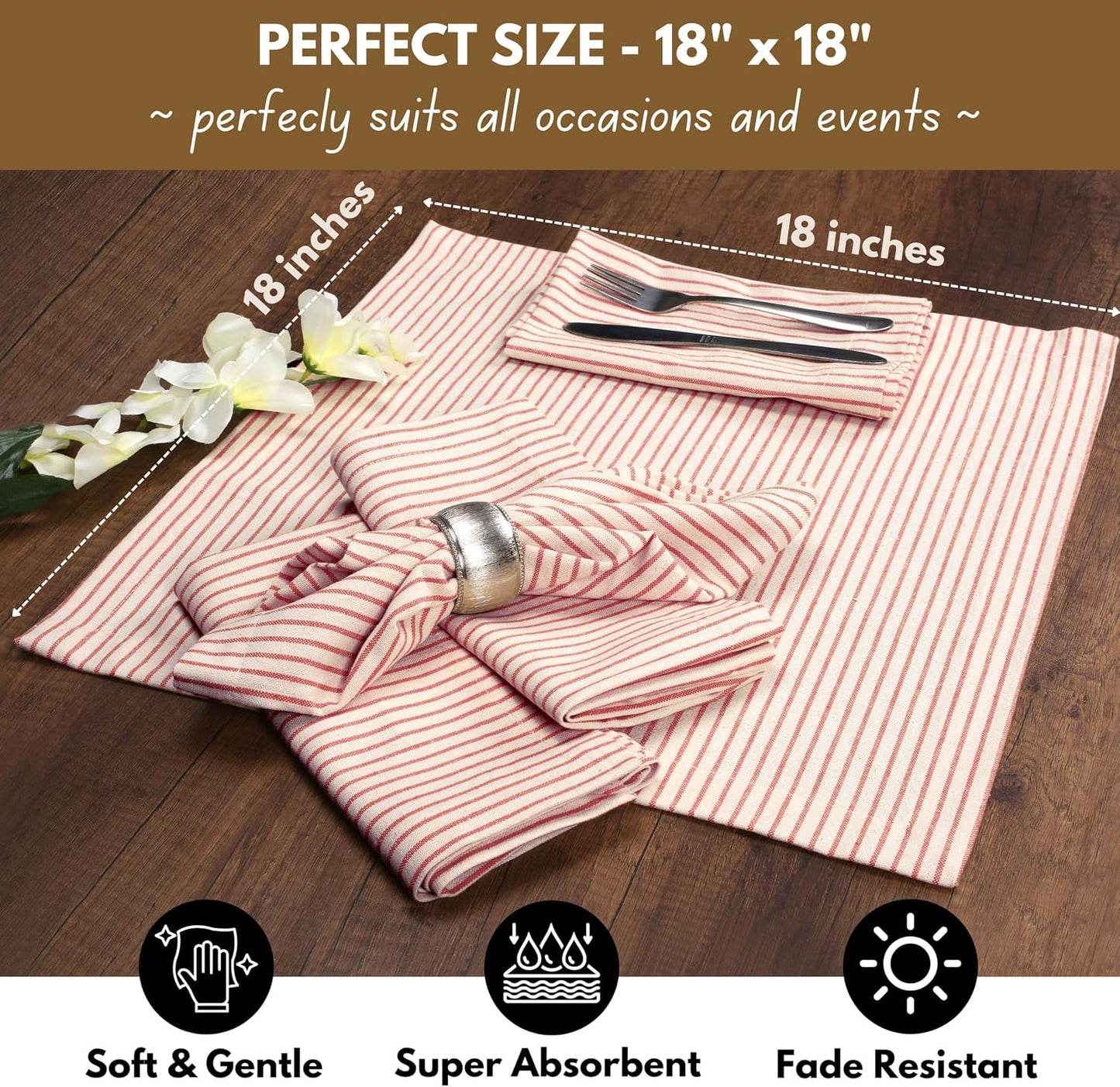 Native Fab Cloth Napkins 18x18 inches, 100% Cotton Vintage Stripped Dinner Napkins, Set of 12, Soft Breathable
