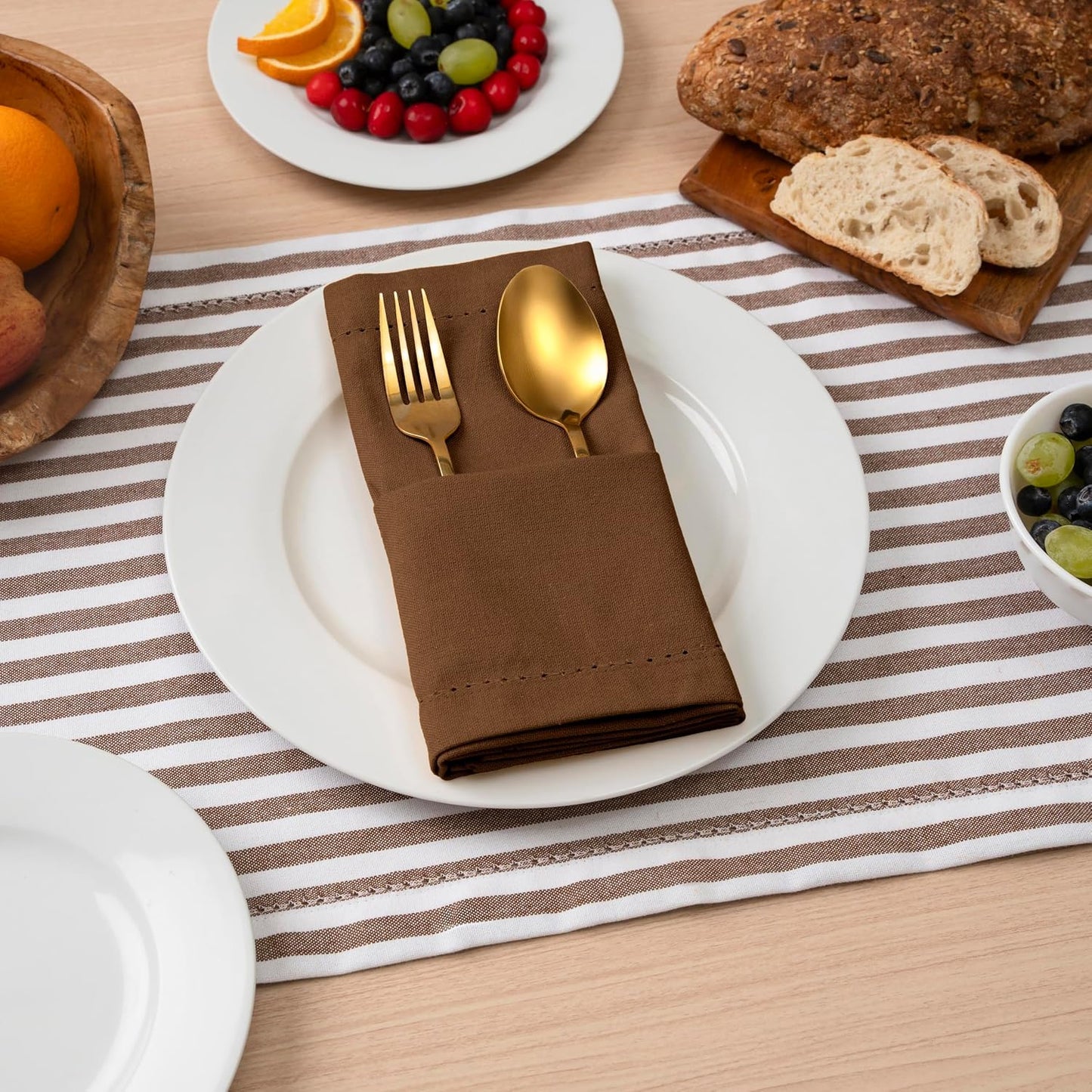 Blue Needles Set of 12 Hemstitch Linen Napkins 100% Cotton Nut Brown Cloth Dinner Napkins 18x18 inches, Soft, Reusable