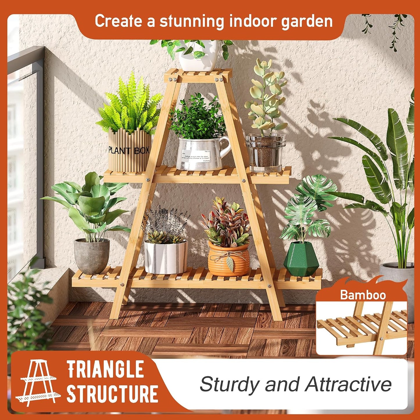 GHWIE Plant Stand Indoor Plant Shelf Outdoor bamboo Plant Rack, 3 Tiers Ladder Plant Holder Flower Stand for Living