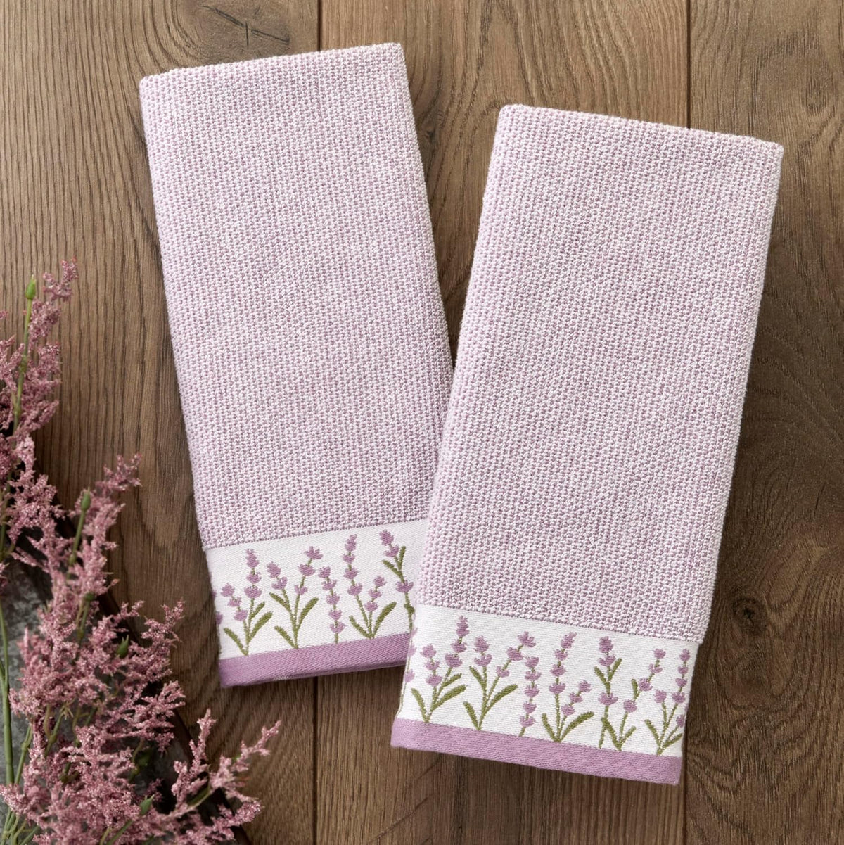 SKL Home Lavender Border Hand Towel Set-2pc, 100% Turkish Cotton, Purple | Soft & absorbent jacquard. For use in the