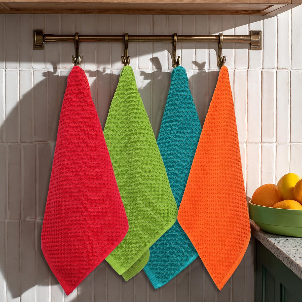 COTTON CRAFT Amazing Kitchen Towels - 8 Pack 100% Cotton Waffle Terry Towel | Teal, Orange, Red, Green - 16x28 Euro