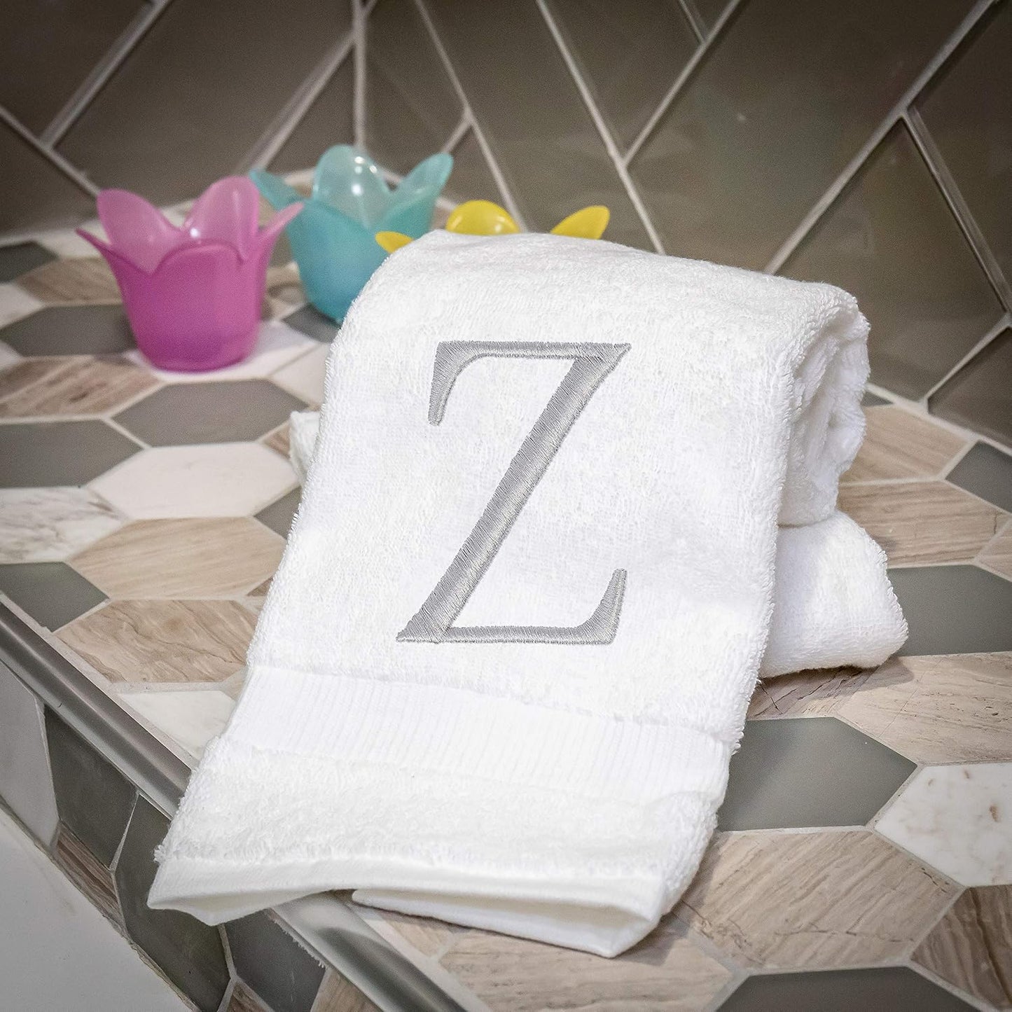 White with Silver Monogrammed Hand Towels for Bathroom - Set of 2 Letter Z | Luxury Hotel Quality Initial Towels For