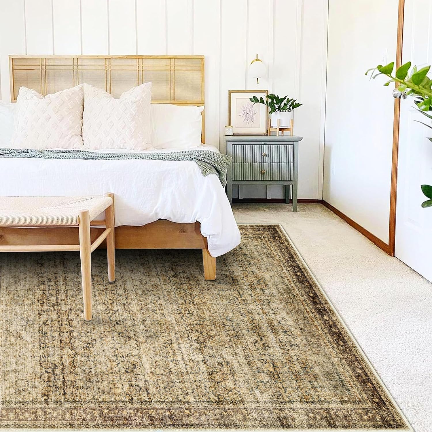 Area Rug Washable Rug Brown Vintage Traditional Mat Distressed Indoor / Green and Brown / 8' x 10