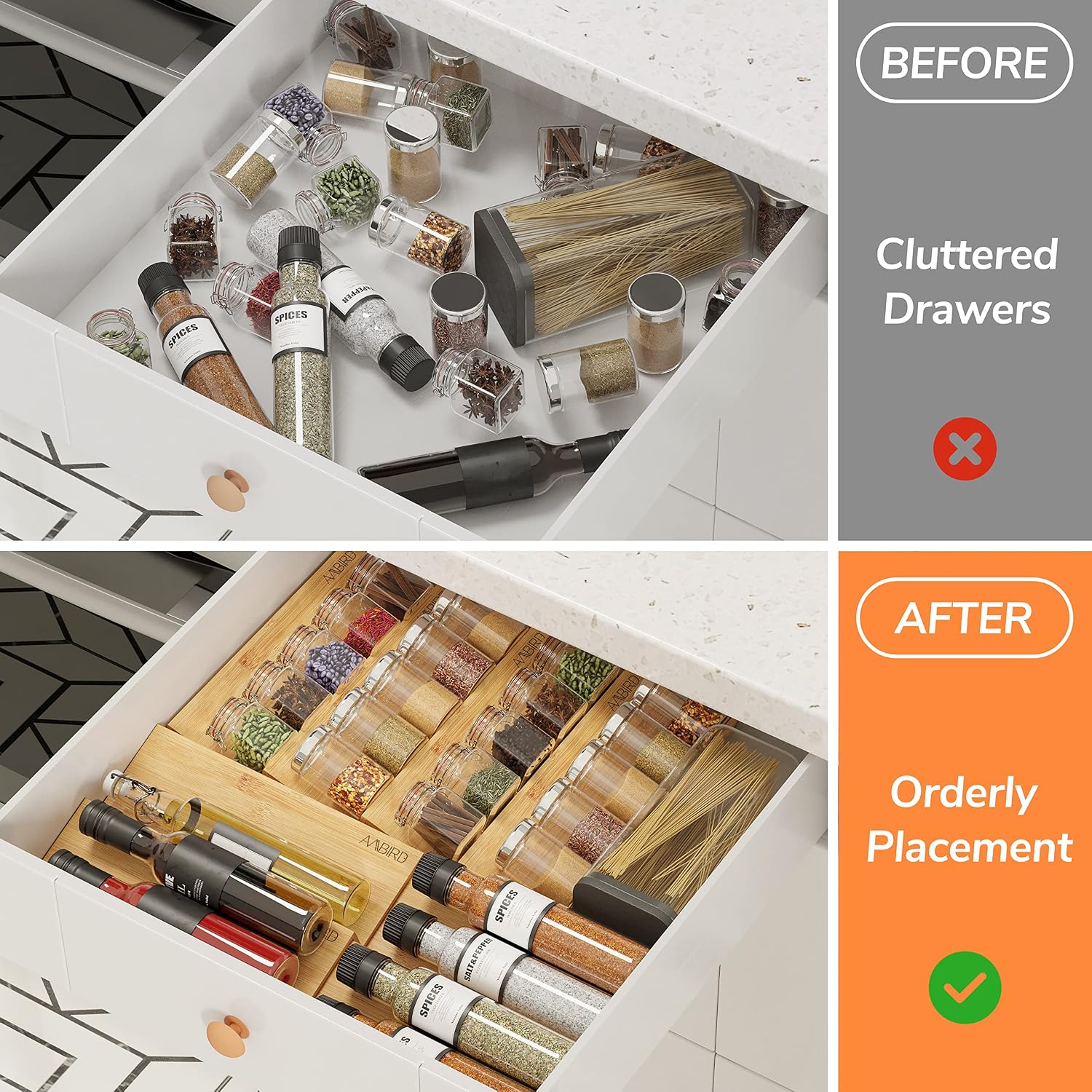 AMBIRD Bamboo Spice Drawer Organizer with Non-slip Mat,4 Tier - 2 Set Jar Spice Rack Tray From 12''to 24'',Hold up 48