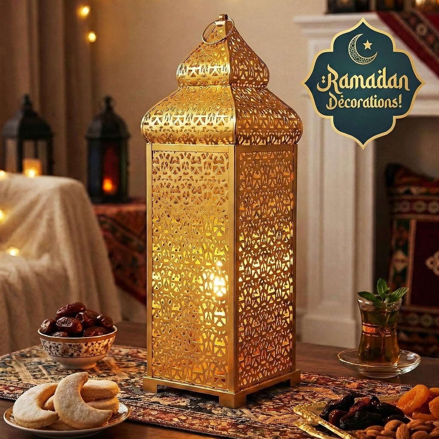 Vela Lanterns Decorative Indoor Tall Moroccan Floor Candle Holder, Gold, XL | Ramadan Decorations for Home, Extra Large