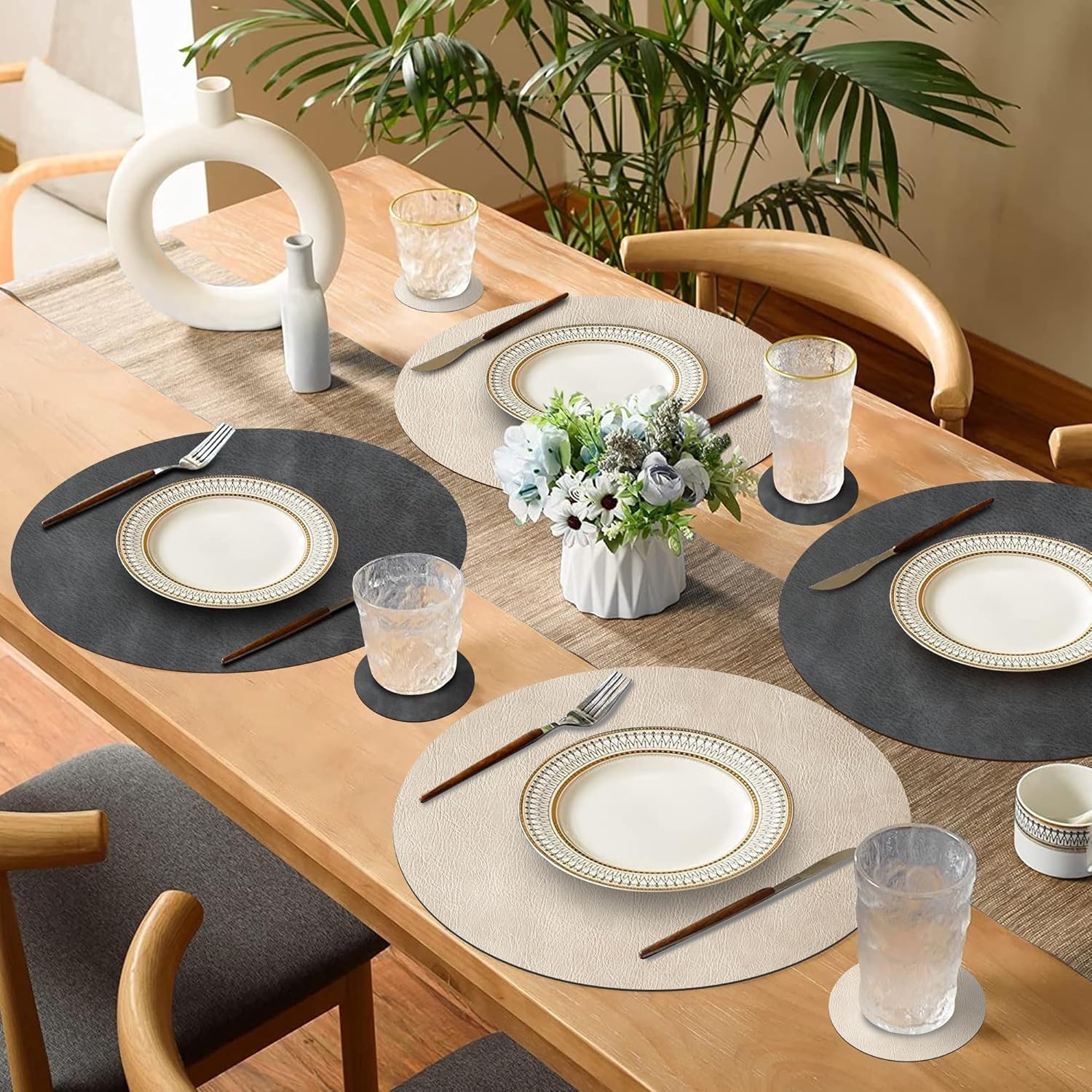 Round Placemats and Coasters Set of 8, Washable Reversible Faux Leather Placemats Cowhide Pattern Place Mats Wipeable