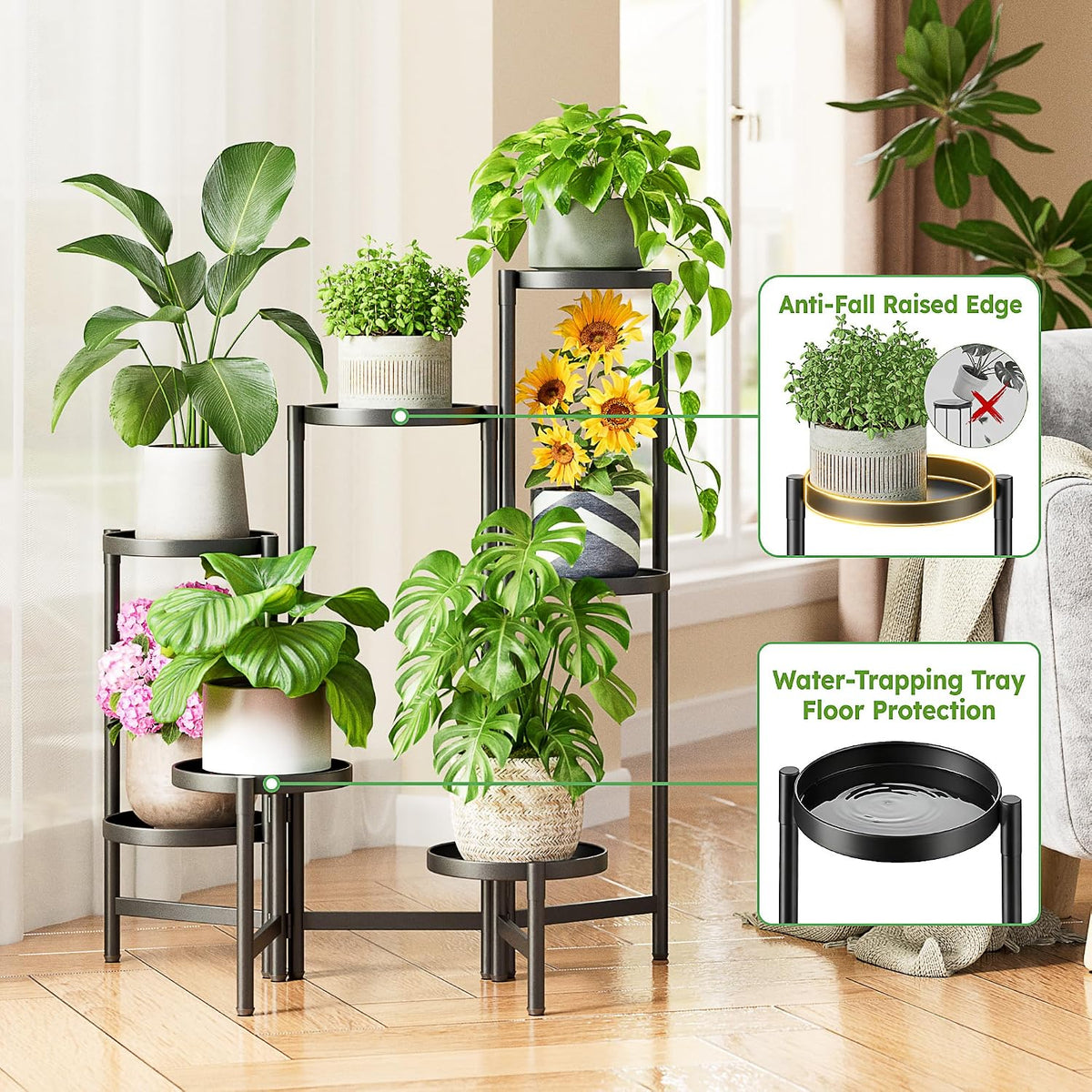 7 Tiers Plant Stand Indoor for Multiple Large Planter, Tall Tiered Folding Plant Rack Outdoor with Rustproof 10 Inch
