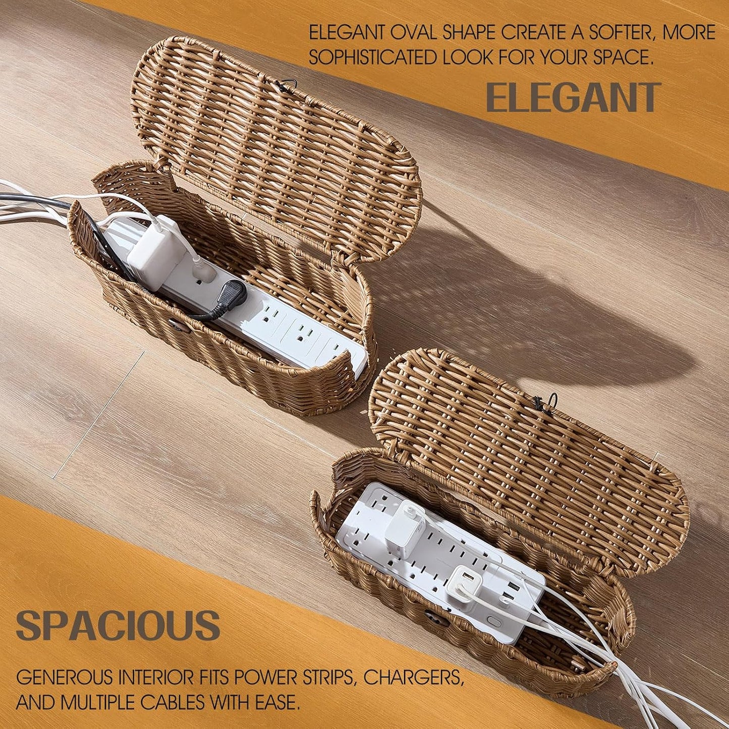 Handwoven Large and Small Cable Organizer Box Cover to Hide Cords and Power / Brown / L+M / Set of 2