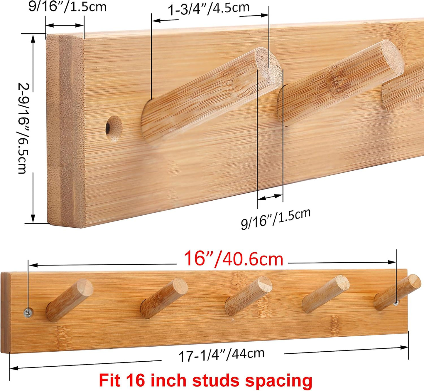 WEBI Coat Rack Wall Mounted,16" Hole to Hole,Coat Hanger Wall Mount with 5 Hooks for Hanging Coats,Hook Rack Peg Rail