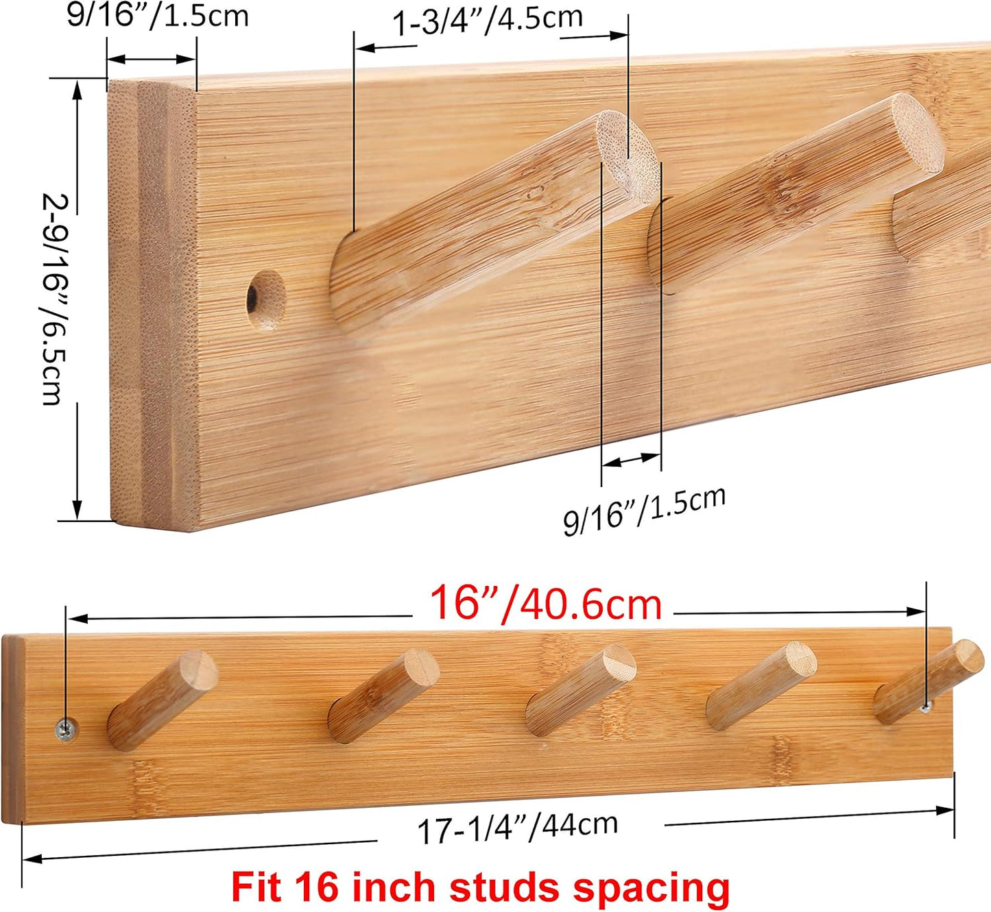WEBI Coat Rack Wall Mounted,16" Hole to Hole,Coat Hanger Wall Mount with 5 Hooks for Hanging Coats,Hook Rack Peg Rail