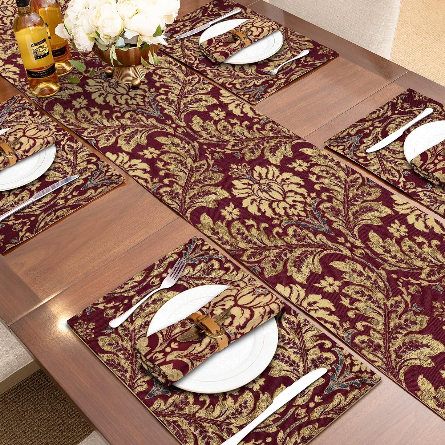 Loom and Mill Luxury Jacquard Damask Table Runner 13x72 inch, Burgundy Red | Thick Fabric Floral Dining Table Runners
