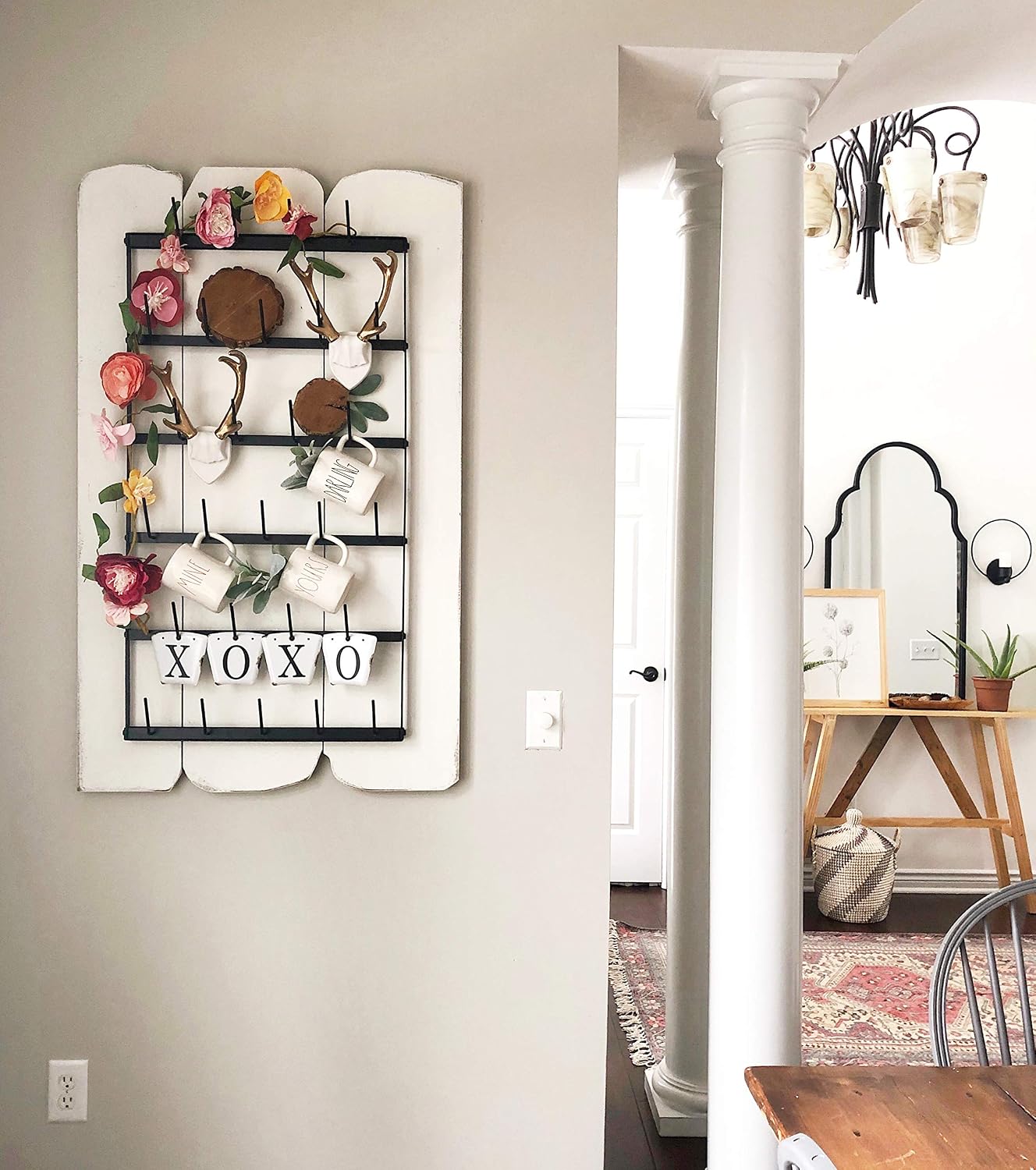 Wall Mounted Coffee Mug Rack - Large Rustic Black Iron Steel Kitchen Rack with 6 Rows - Storage for 27 Cups - Jar &