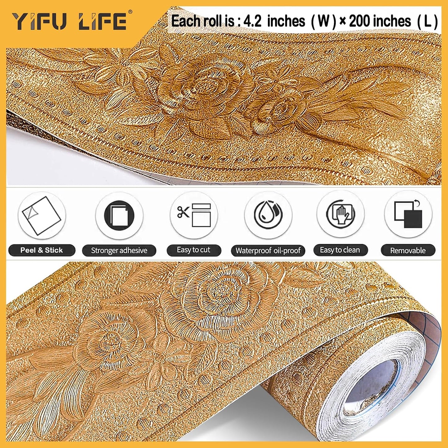 Wallpaper Border 3D Elegant Royal Peony Flower Peel and Stick Wall Border / Rose Golden / Gold