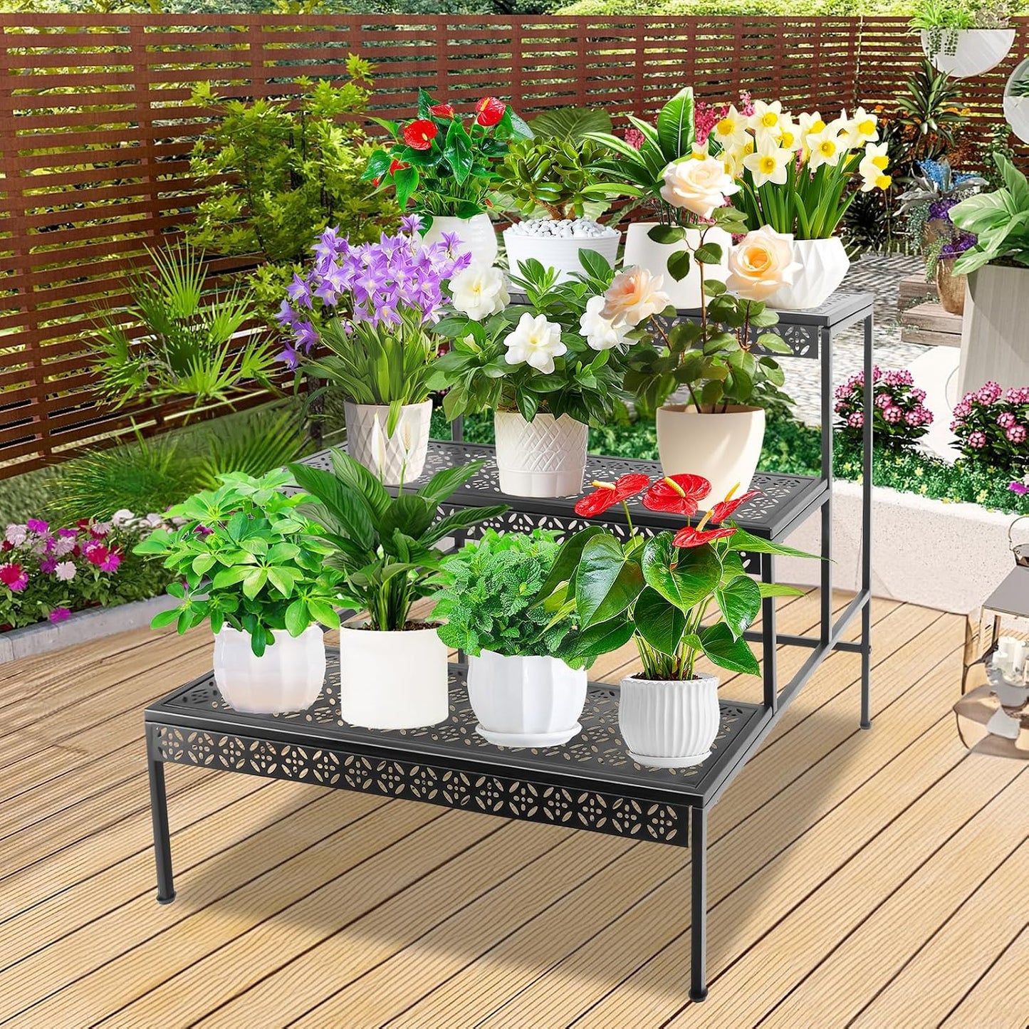 3 Tier Metal Plant Stand, Ladder Flower Pot Holder Plant Stands | Sturdy Tiered Plant Stand with Decorative Pattern