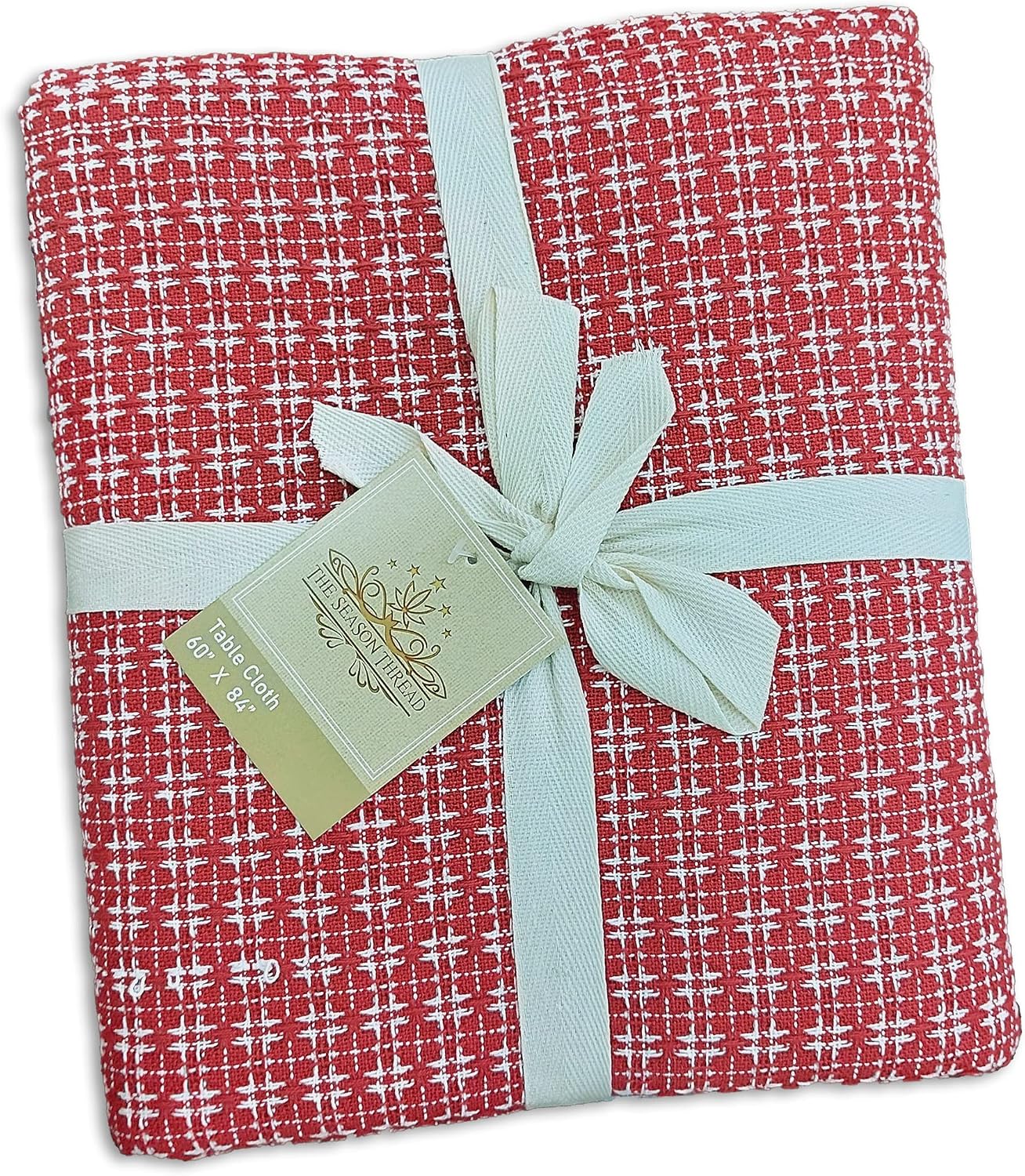Table Cloth, Spice Red/White Woven Fringed, 100% Cotton Table Cover, Size 60x102 Inch, Suitable for Formal Dining