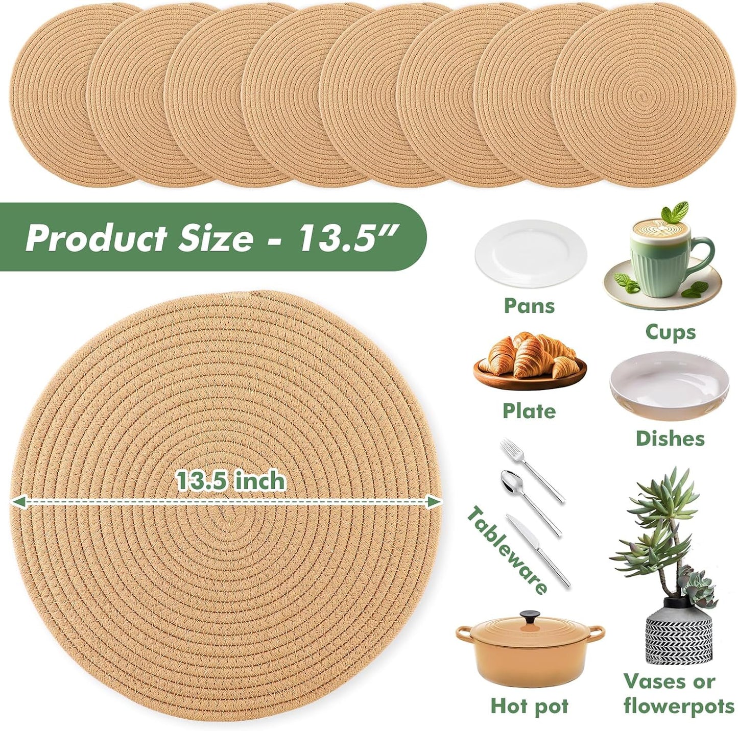 Round Woven Placemats Set of 8 Heat Resistant Placemats 13.5 Inches Farmhouse Cotton Rope Place Mats for Dining Tables
