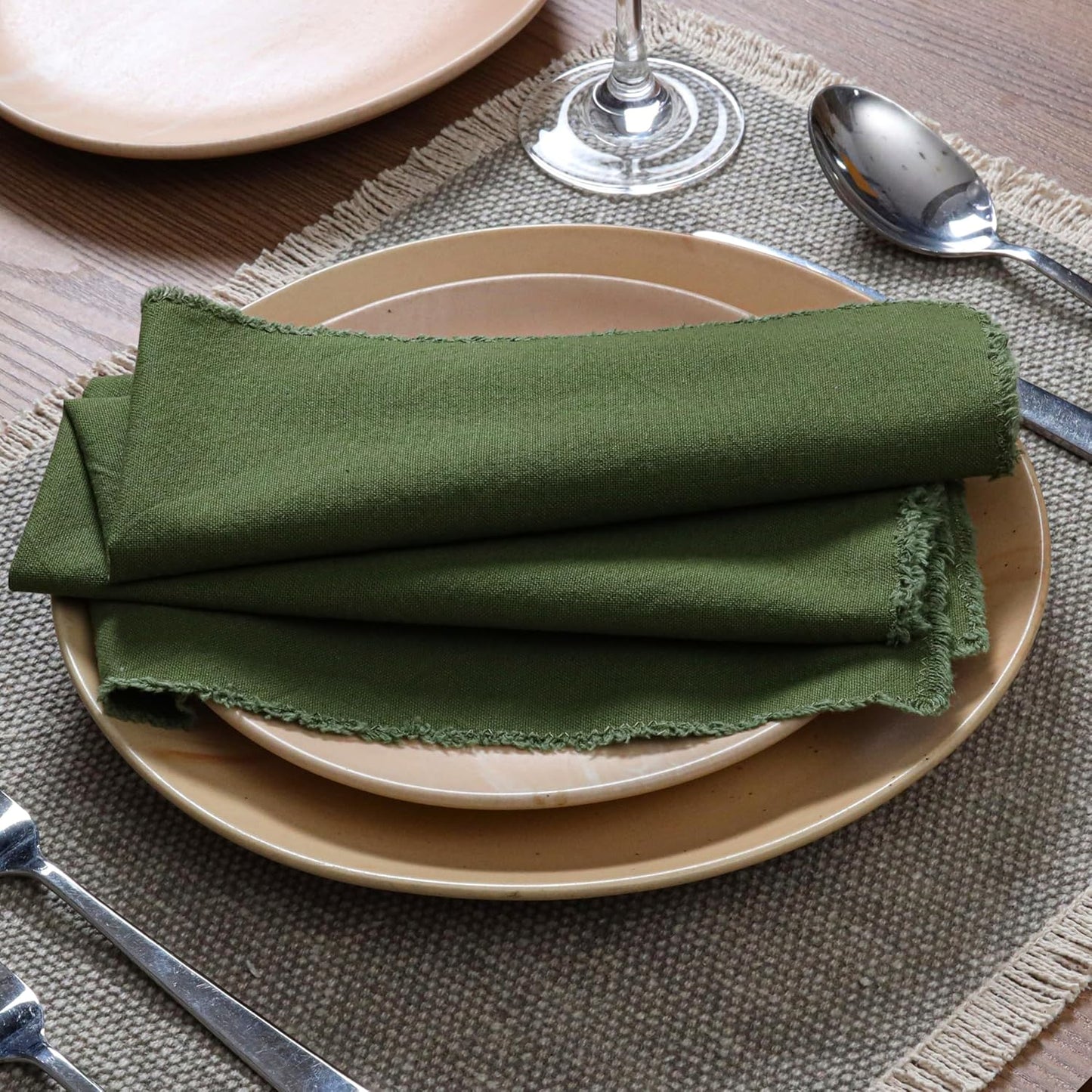 Ramanta Home Cloth Napkins Set of 12 Olive Green 18x18 Inch | Frayed Edge Dinner Napkin for Wedding, Birthday Party