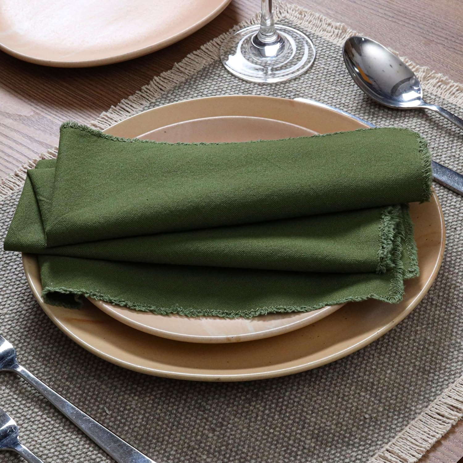 Ramanta Home Cloth Napkins Set of 12 Olive Green 18x18 Inch | Frayed Edge Dinner Napkin for Wedding, Birthday Party