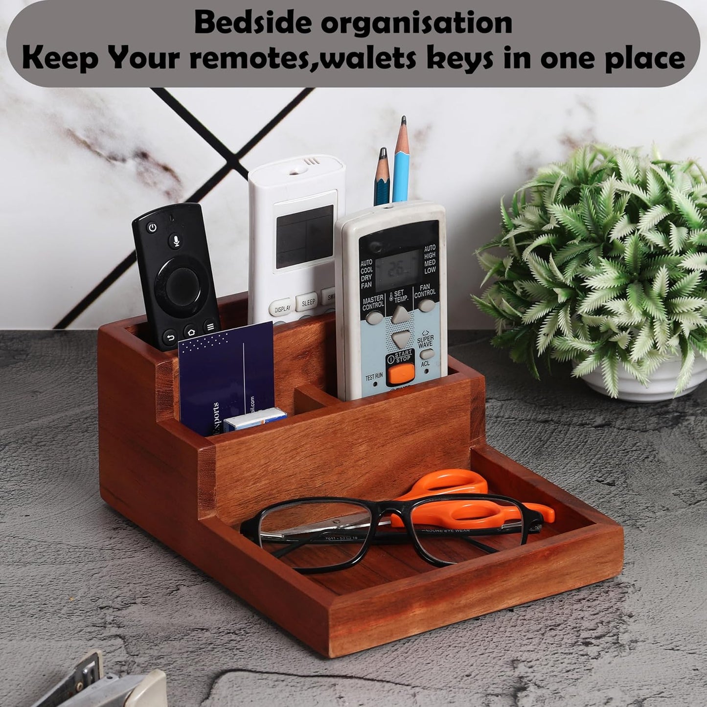 Acacia wood desk organizer and card holder | 5 compartments | Keep pens, remotes, phone, wallets, office desk