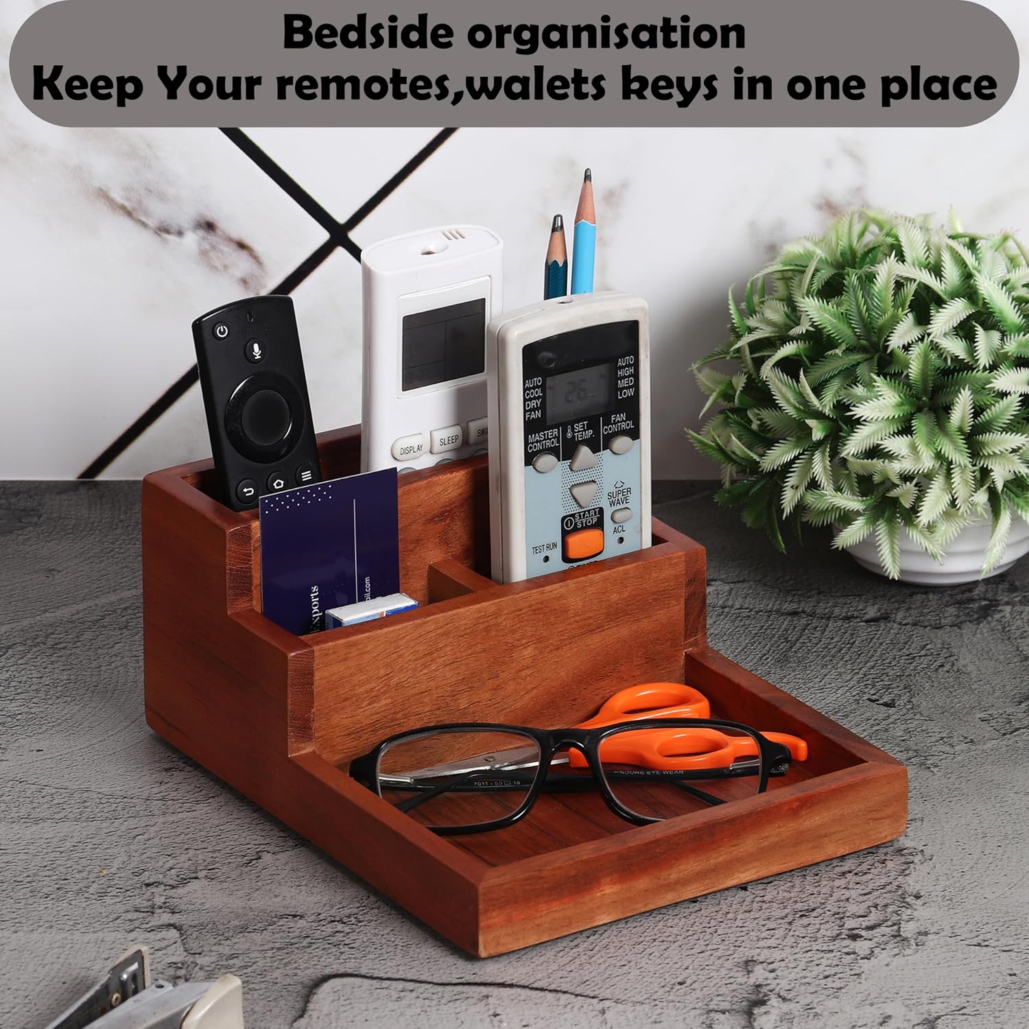 Acacia wood desk organizer and card holder | 5 compartments | Keep pens, remotes, phone, wallets, office desk