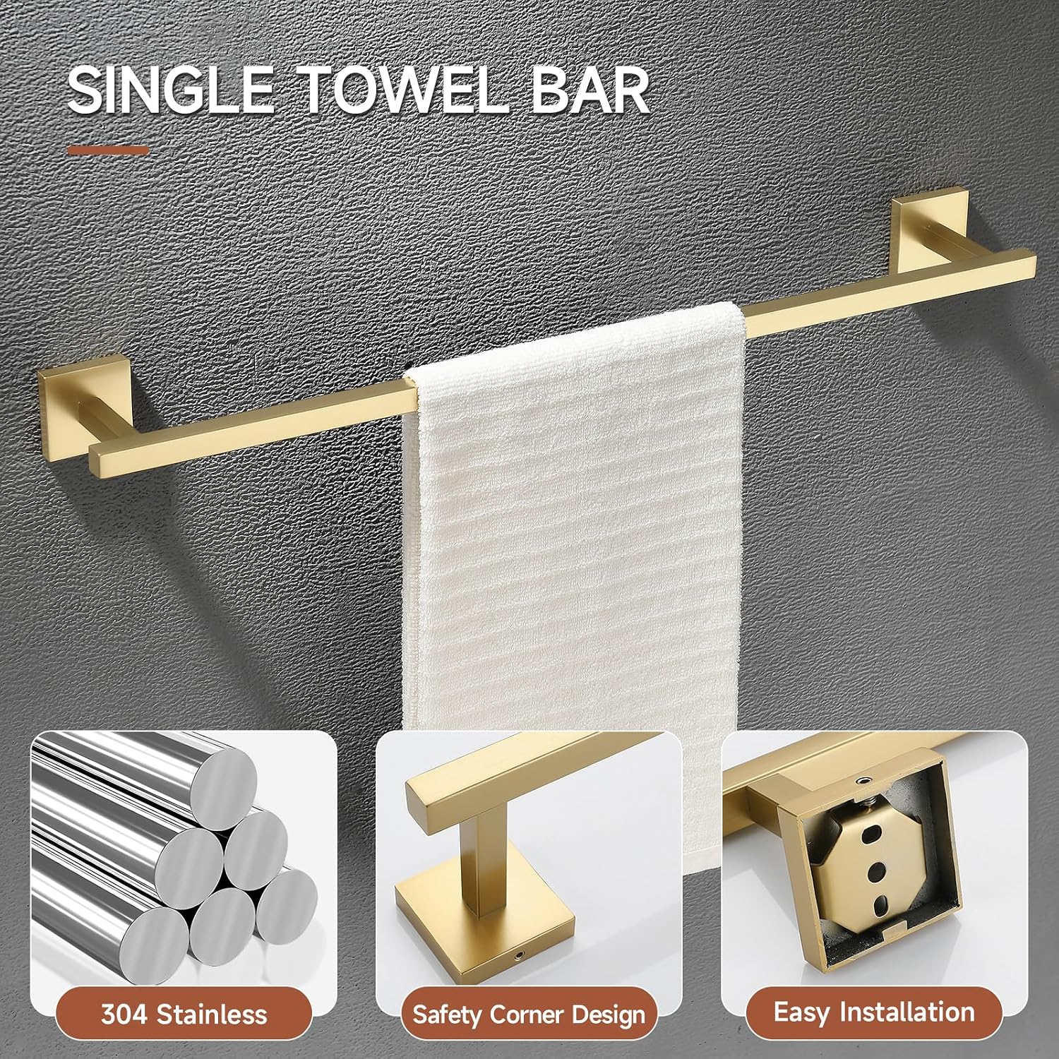 TQKAG Brushed Gold Bathroom Hardware Accessories Set 10 Pieces, 23.6" SUS304 Stainless Steel Towel Bar Set Wall Mounted