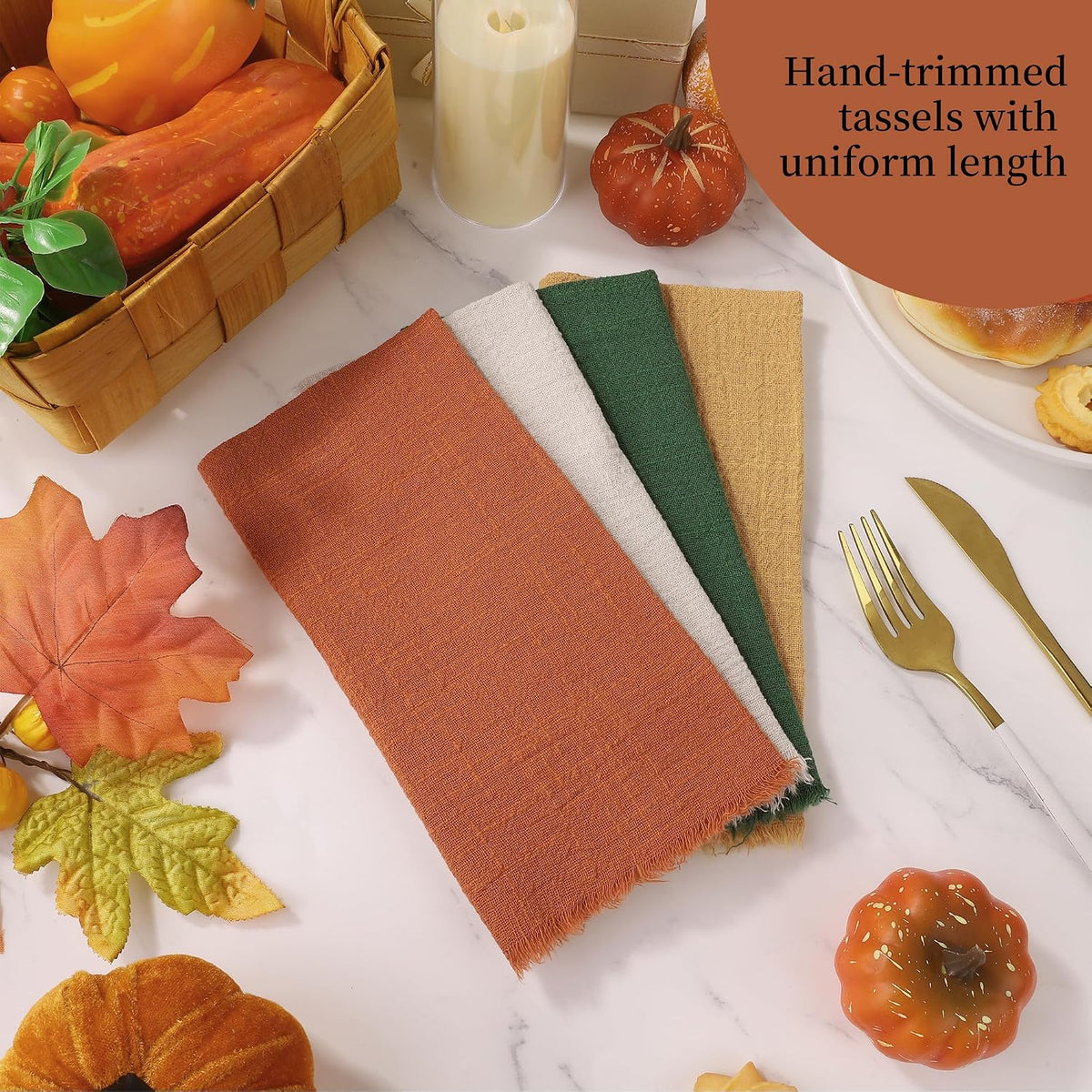 TURSTIN 24 Pieces Thanksgiving Cotton Linen Cloth Napkin Handmade Cloth | Fall Napkin with Fringe 17 x 17 Inch Soft
