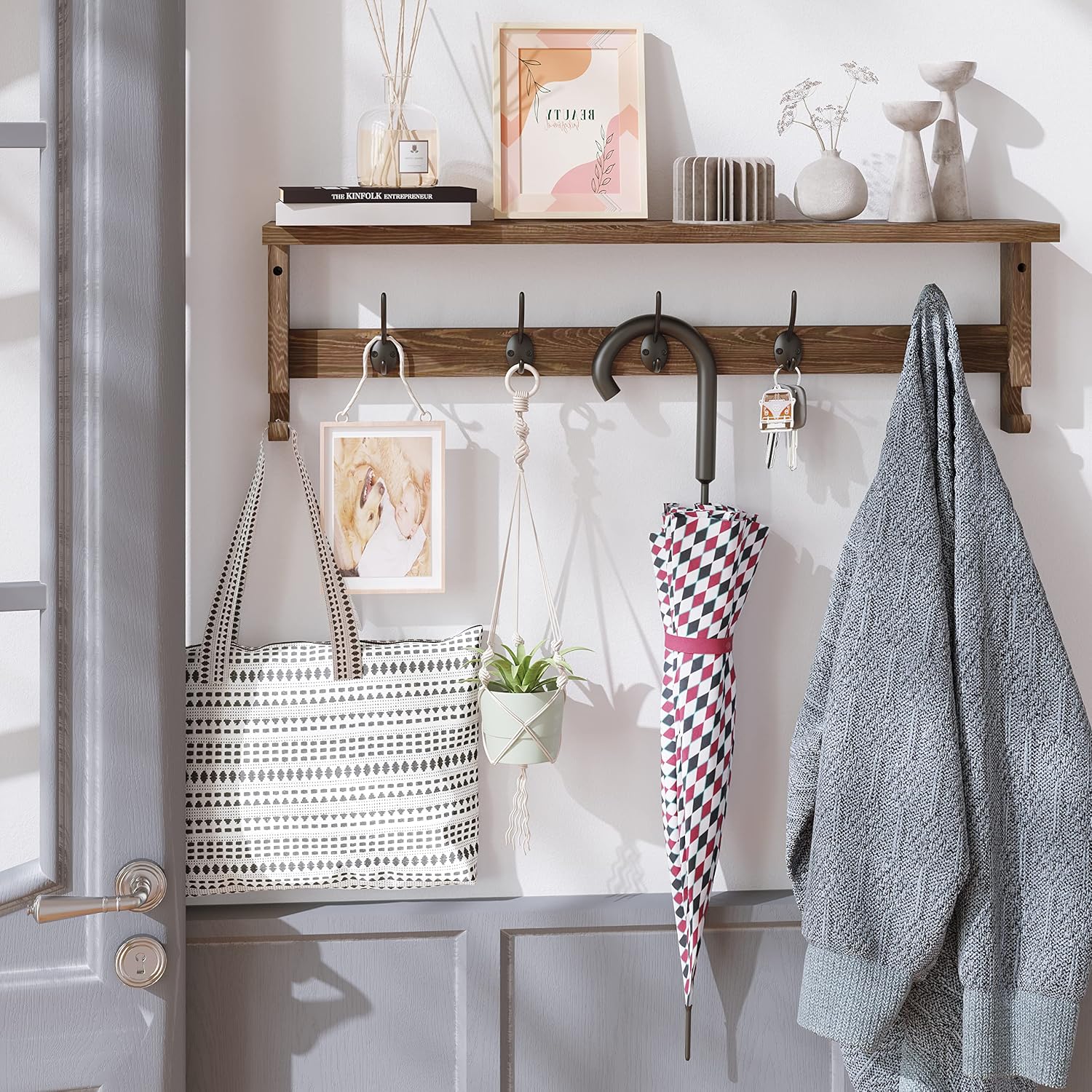 AMBIRD Coat Rack Wall Mount with Shelf, 28.9 Inches Coat Hooks Wall Mounted with 5 Hooks, Wall Hat Hooks for Hanging in