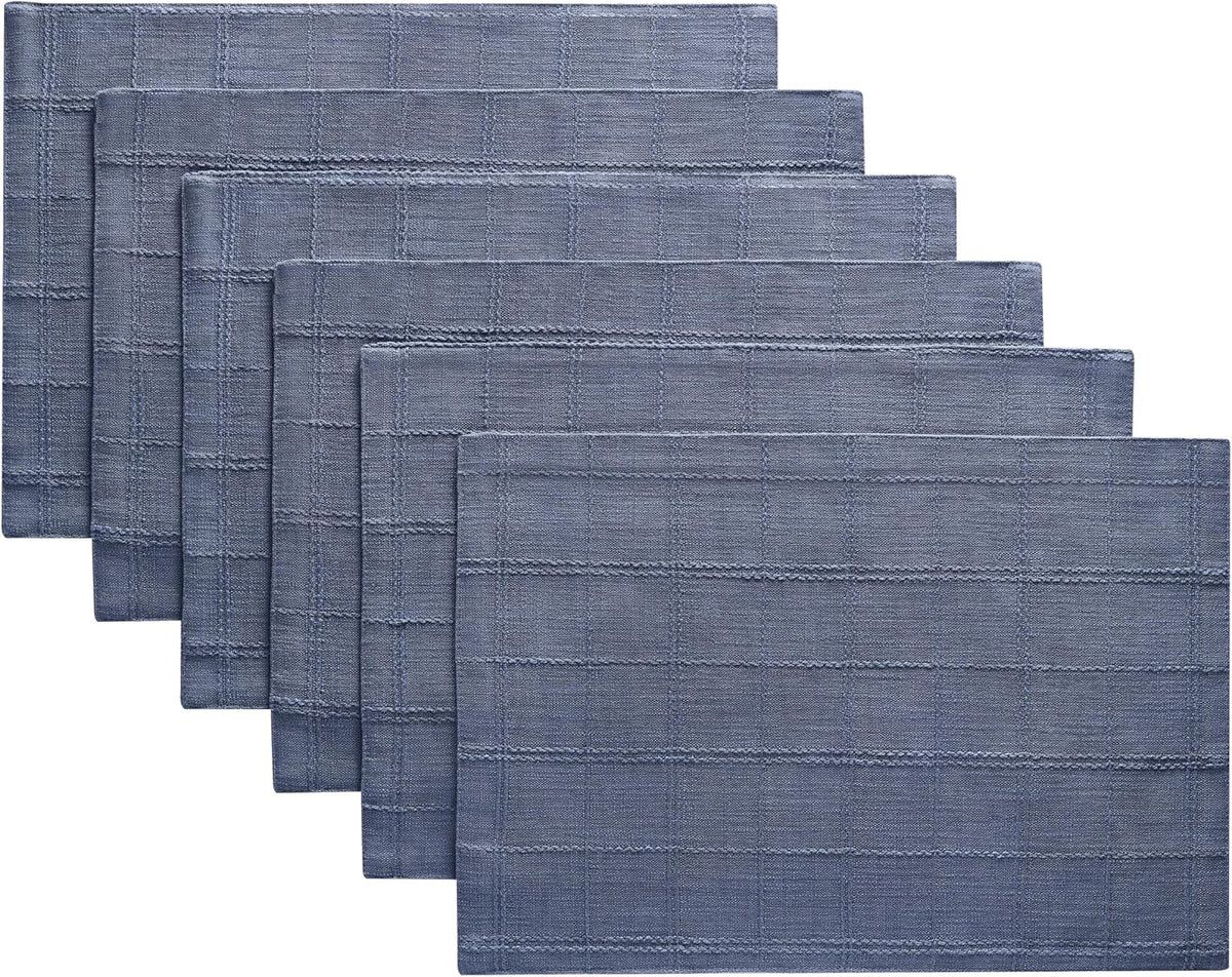 Linen Checked Farmhouse Placemats Set of 6, Blue 13x19in | Double Layer, Reversible, Thick Textured Table Mats, Raised