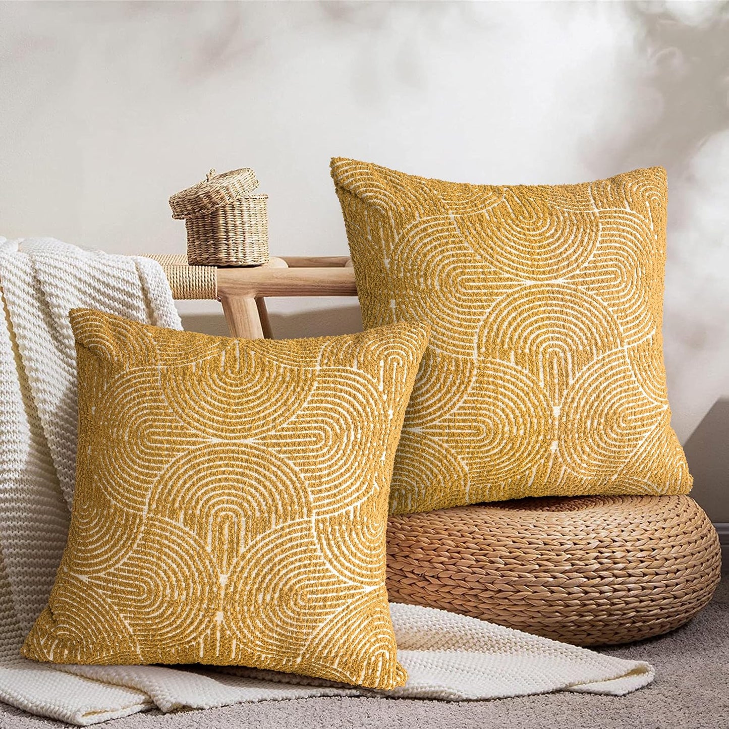 Boho Decorative Textured Throw Pillow Covers / Mustard Yellow / 20 x 20 / Set of 2