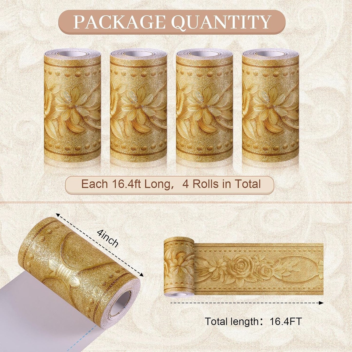 4 Rolls Peel and Stick Wallpaper Border 3D Flower Pattern ft Self Adhesive / Gold / Peony / 4 x 16.4