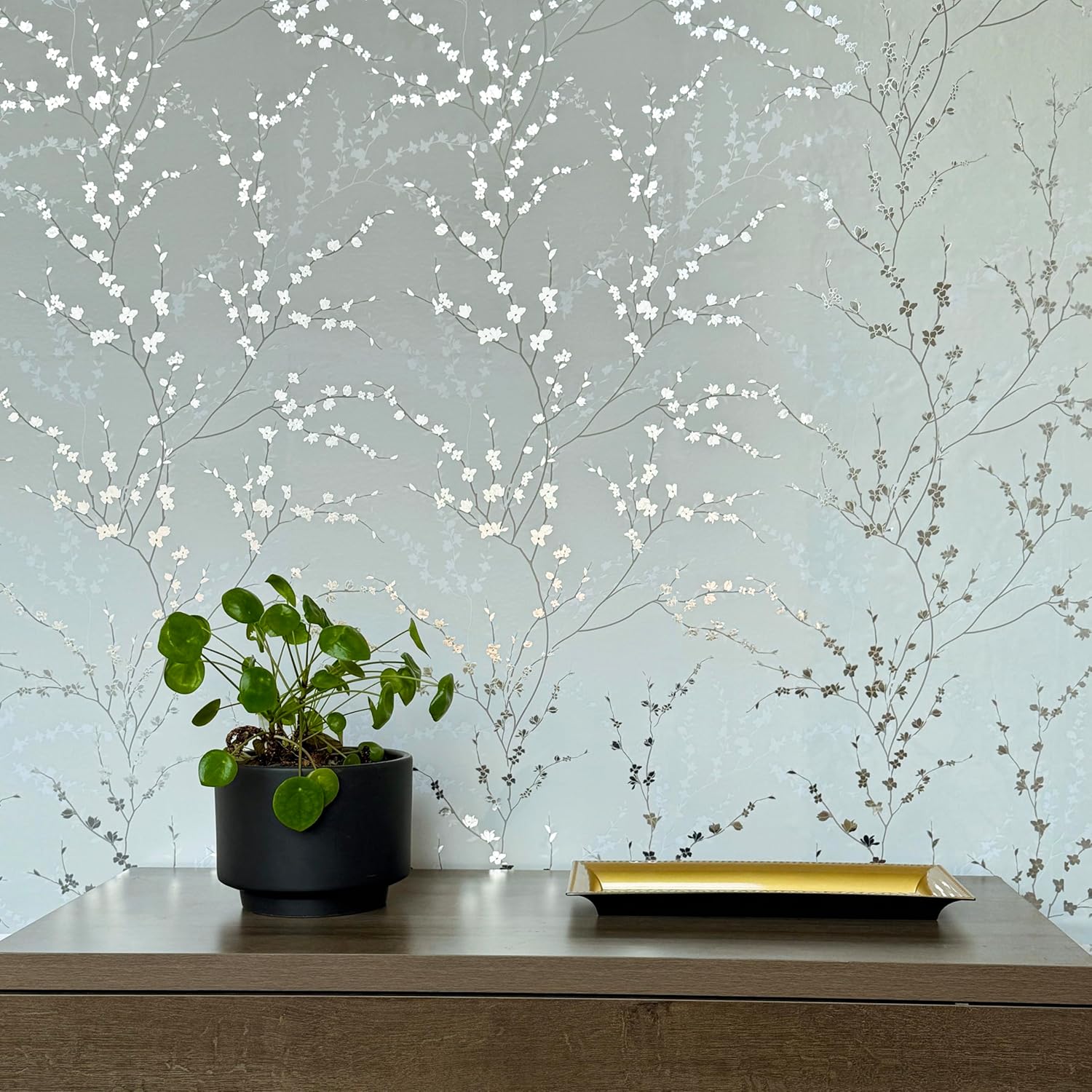 Peel and Stick Wallpaper Panels in West Coast Branch Floral Design / Sage Green / 16 x 24 / Set of 8
