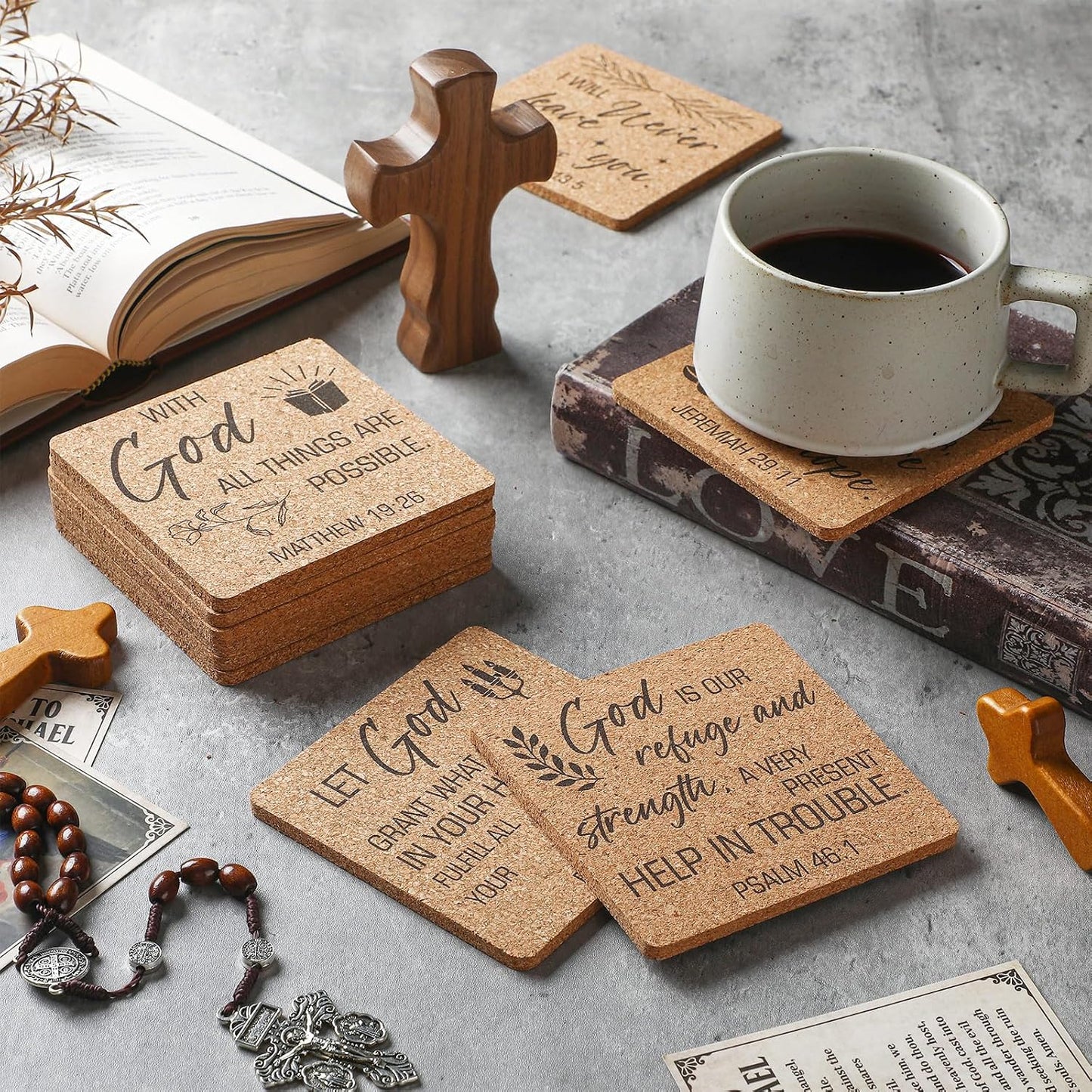 Bible Verses 4" Christian Cork Drink Coasters Set Bulk for Adults / Square / Set of 50