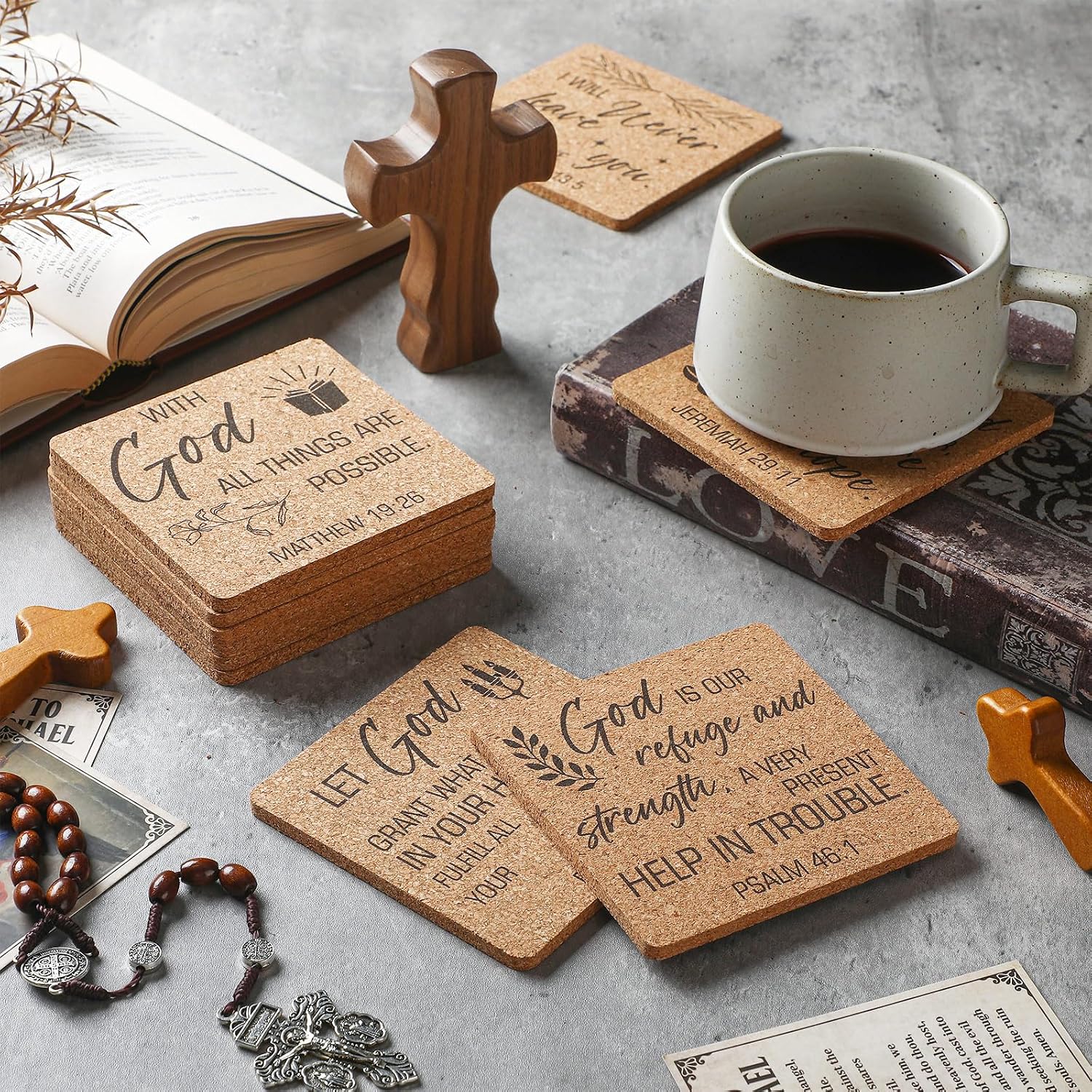 Bible Verses 4" Christian Cork Drink Coasters Set Bulk for Adults / Square / Set of 50