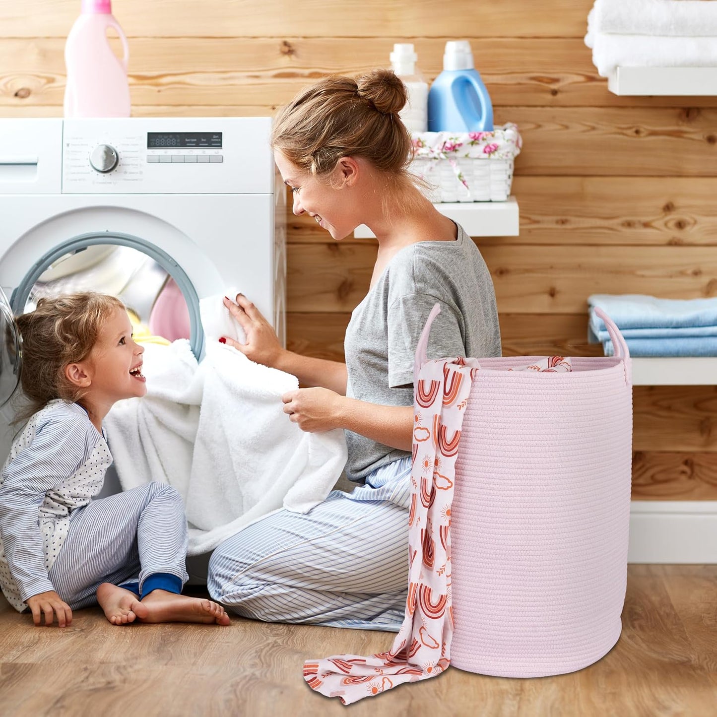 Cotton Rope Laundry Basket Hamper for Clothes Woven Storage Basket / Large / Pink
