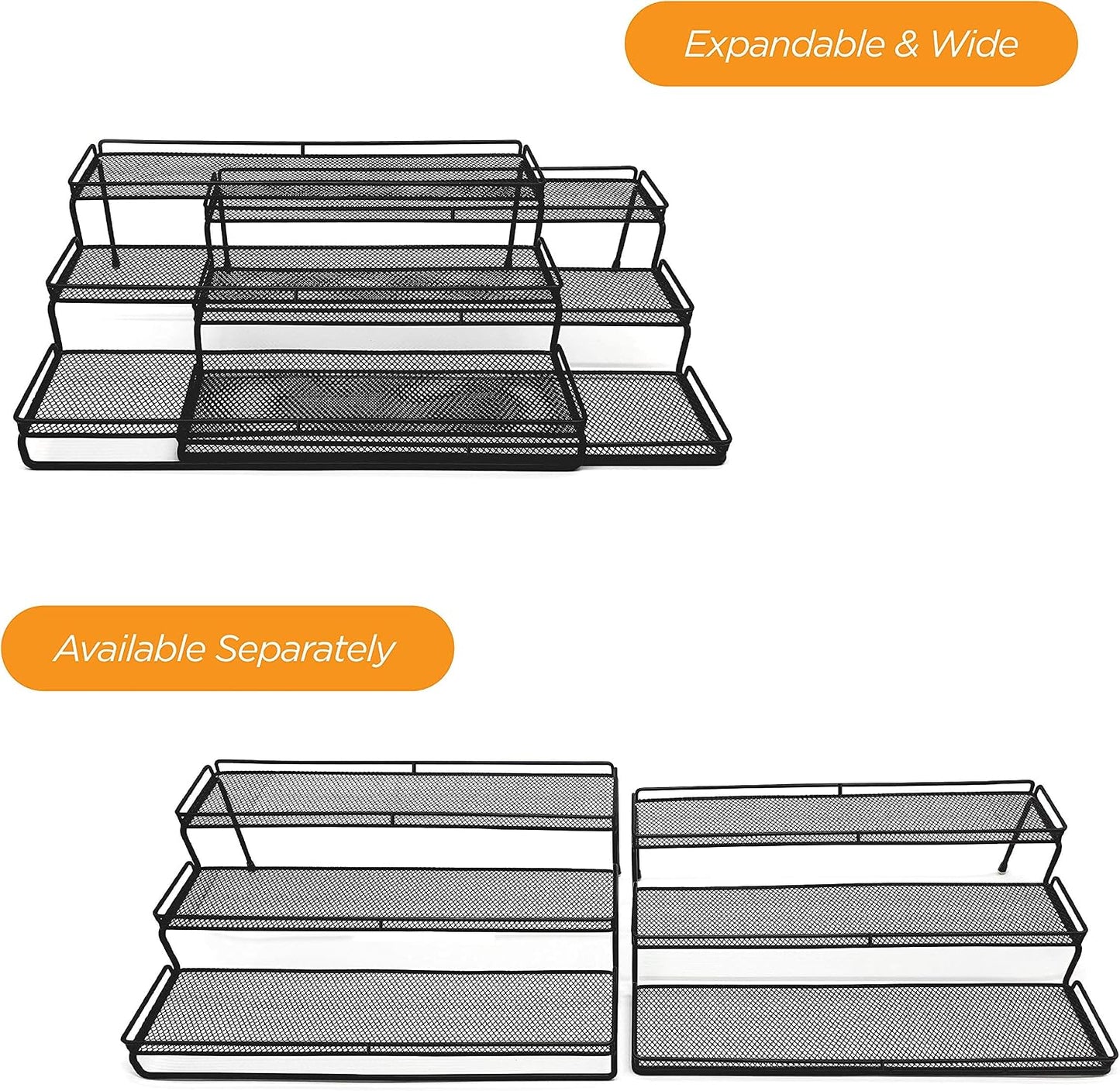 3 Tier Wide Expandable Cabinet Spice Rack Organizer (14.5" to 29.1") - Step Shelf with Protection Railing, Black