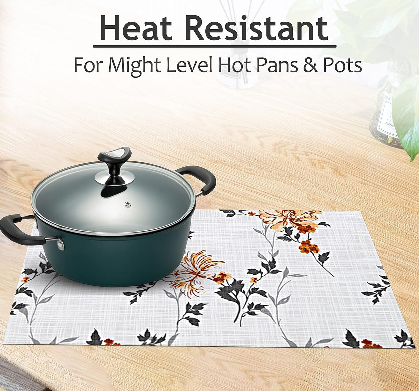 Ruvanti Placemats Set of 6, 100% Cotton Place Mats of 13"x19" – Grey Floral | Heat, Stain resistant, Washable