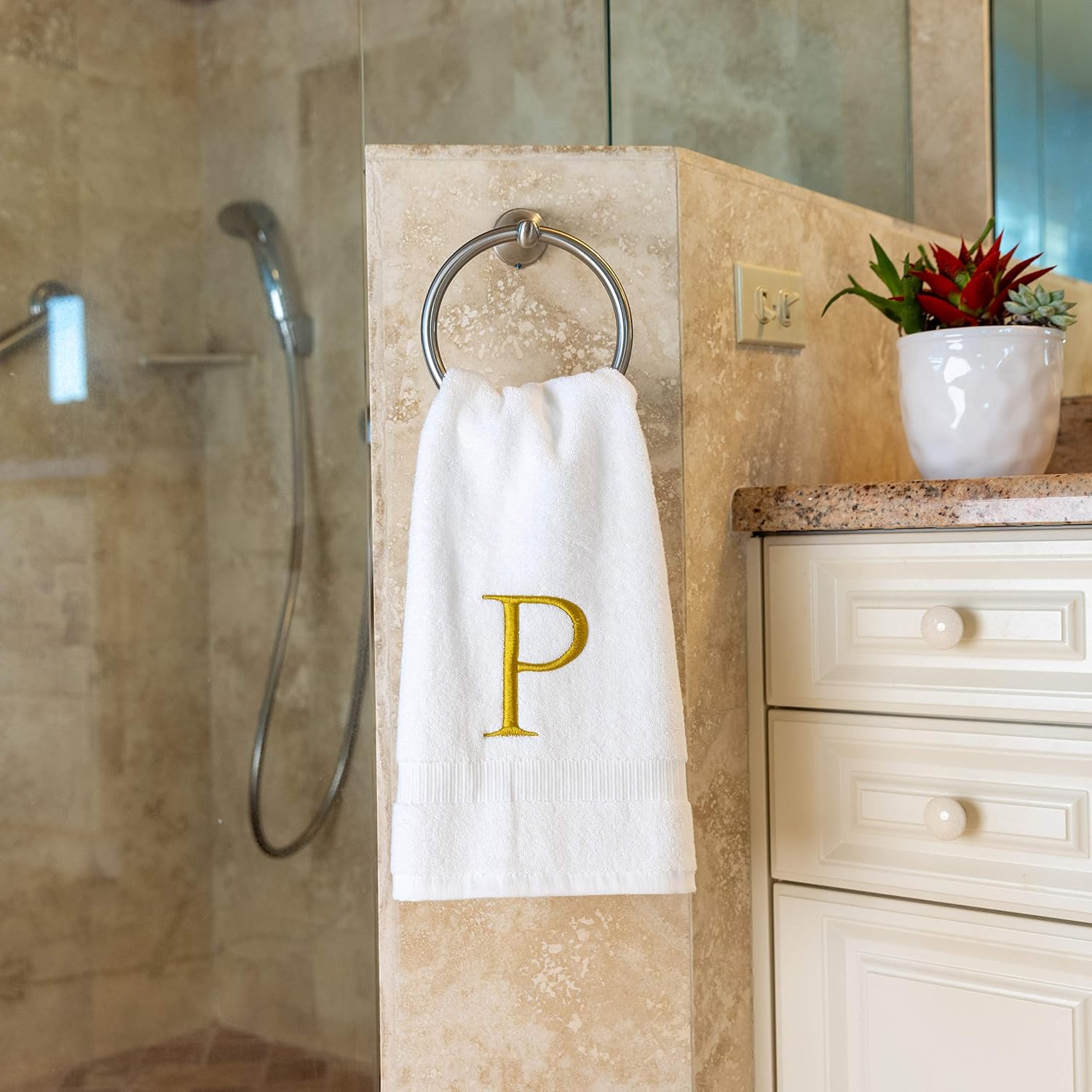 White with Gold Monogrammed Hand Towels for Bathroom - Set of 2 Letter P | Luxury Hotel Quality Initial Towels For