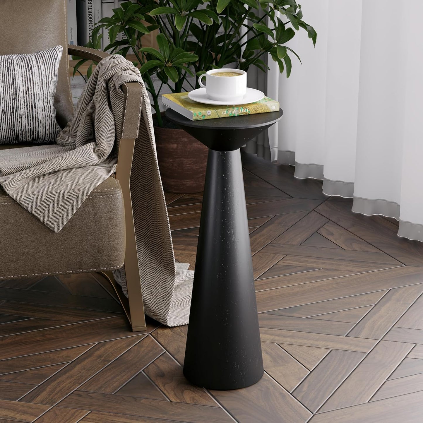 Farmhouse Tall Pedestal End Table Small Solid Wood Martini Table Plant Stand Modern Round / Black