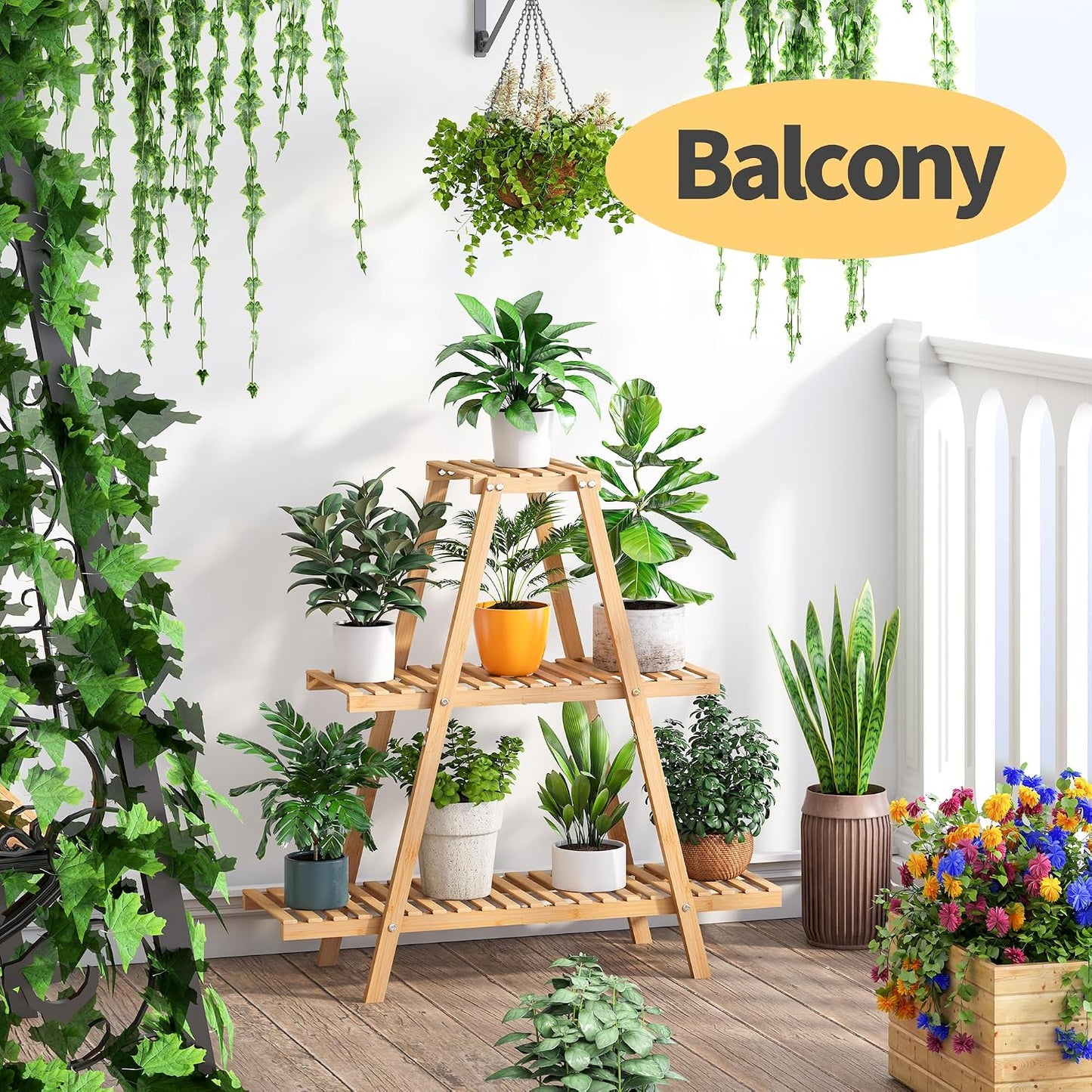 Bamboo Plant Stand - Indoor/Outdoor 3 Tier Plant Ladder, 8 Potted Flower Holder, Natural