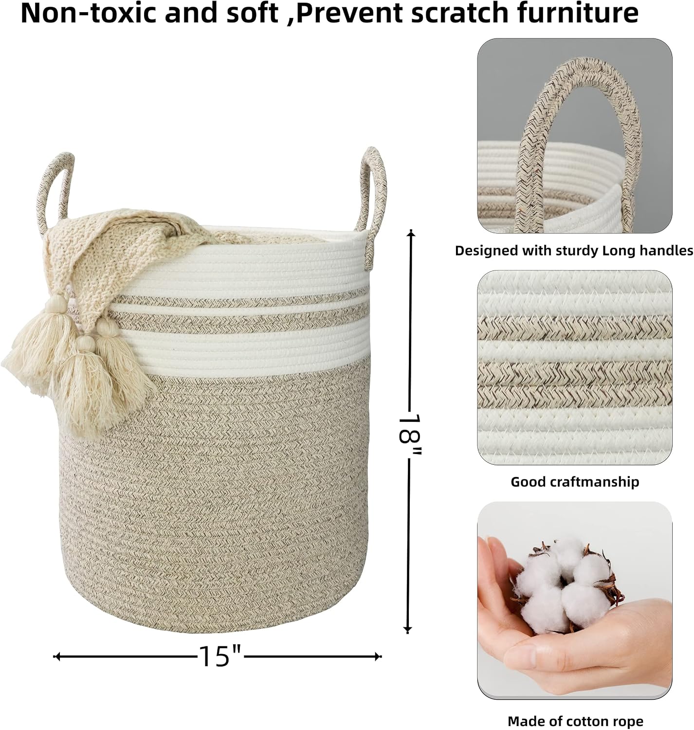 Cotton Rope Laundry Basket Hamper for Clothes Woven Storage Basket / Regular / Brown and White