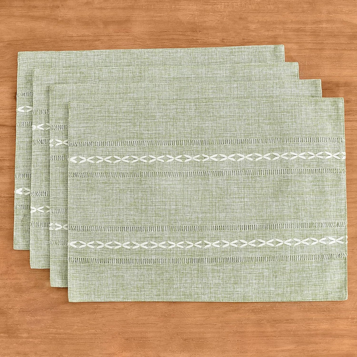Wracra Cotton Linen Place Mats, Sage Green Embroidered Placemats Set of 8 | Placemats 12 x 18 Inch; Cotton Linen Woven