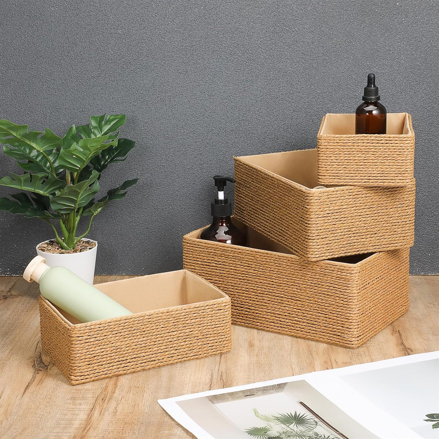 Wicker Storage Basket Hand Woven Paper Rope Storage Baskets Decorative Fruit Basket / Set of 4
