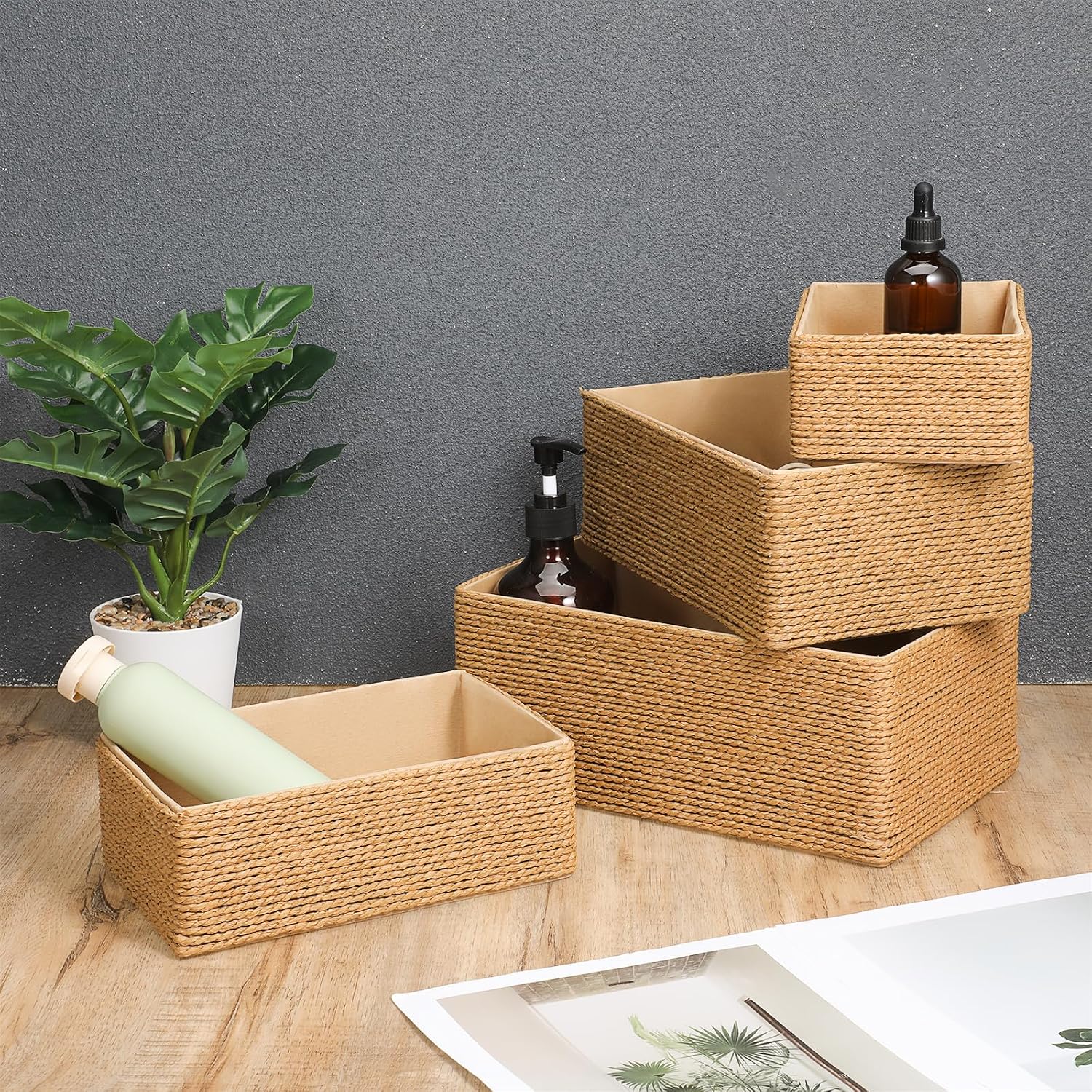 Wicker Storage Basket Hand Woven Paper Rope Storage Baskets Decorative Fruit Basket / Set of 4